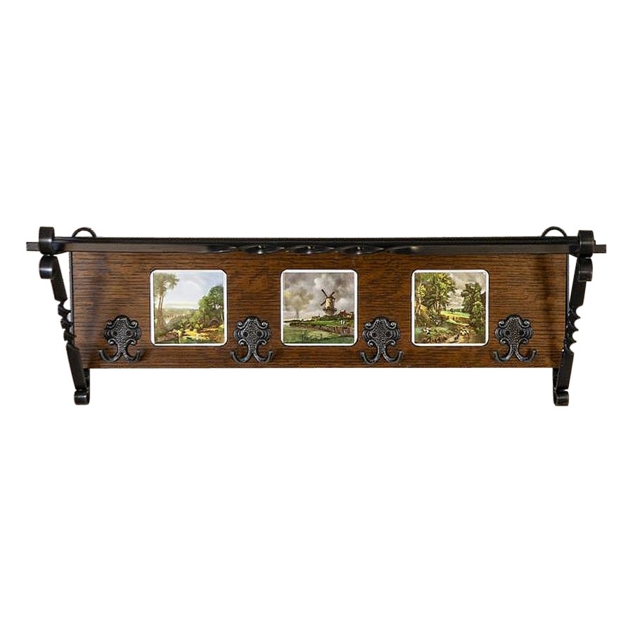 Appendiabiti da parete in Oak olandese con piastrelle decorative, anni '50