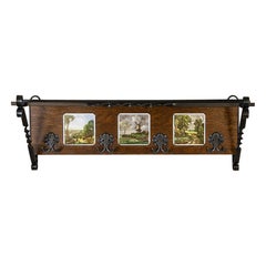 Dutch Oak Wall Coat Rack with Decorative Tiles, 1950s
