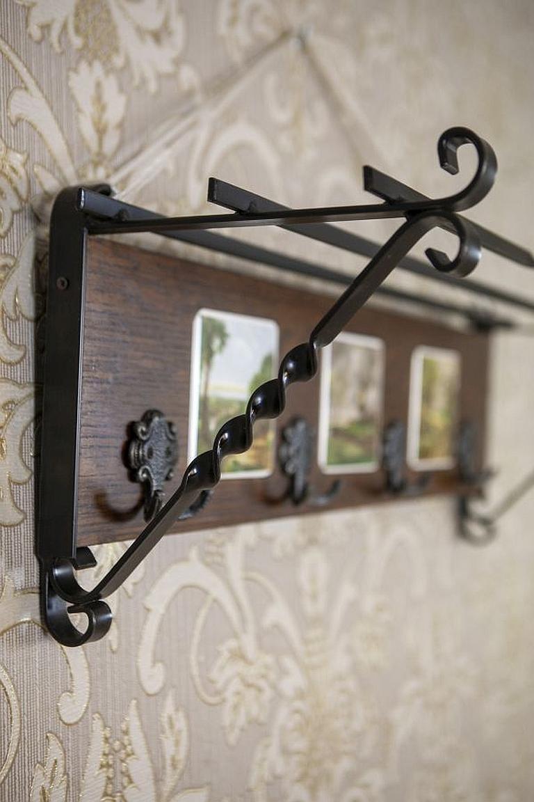 European Dutch Oak Wall Coat Rack with Decorative Tiles from the Early 20th Century For Sale