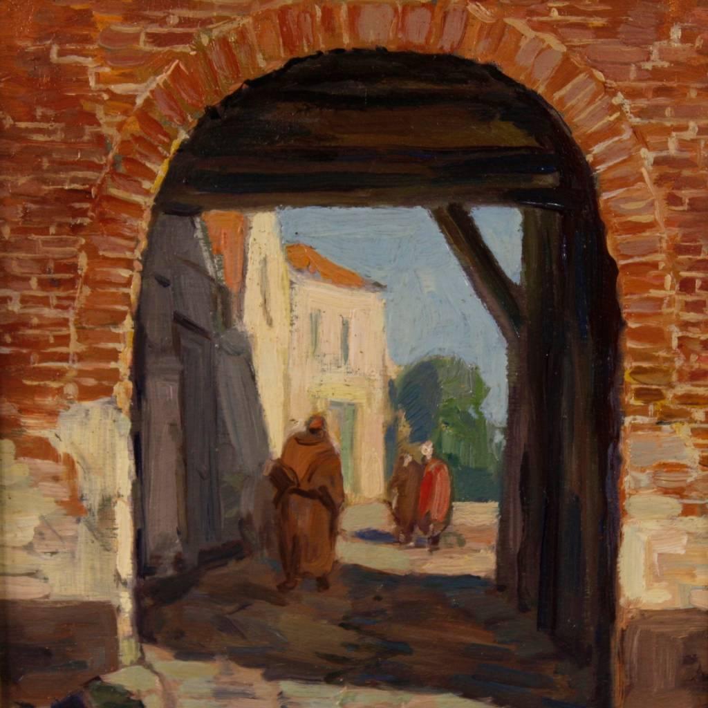 Carved Dutch Oil on Board Painting Depicting Antique Village with Characters