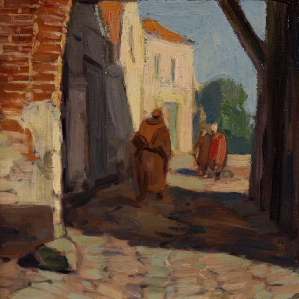Dutch Oil on Board Painting Depicting Antique Village with Characters In Good Condition In Vicoforte, Piedmont