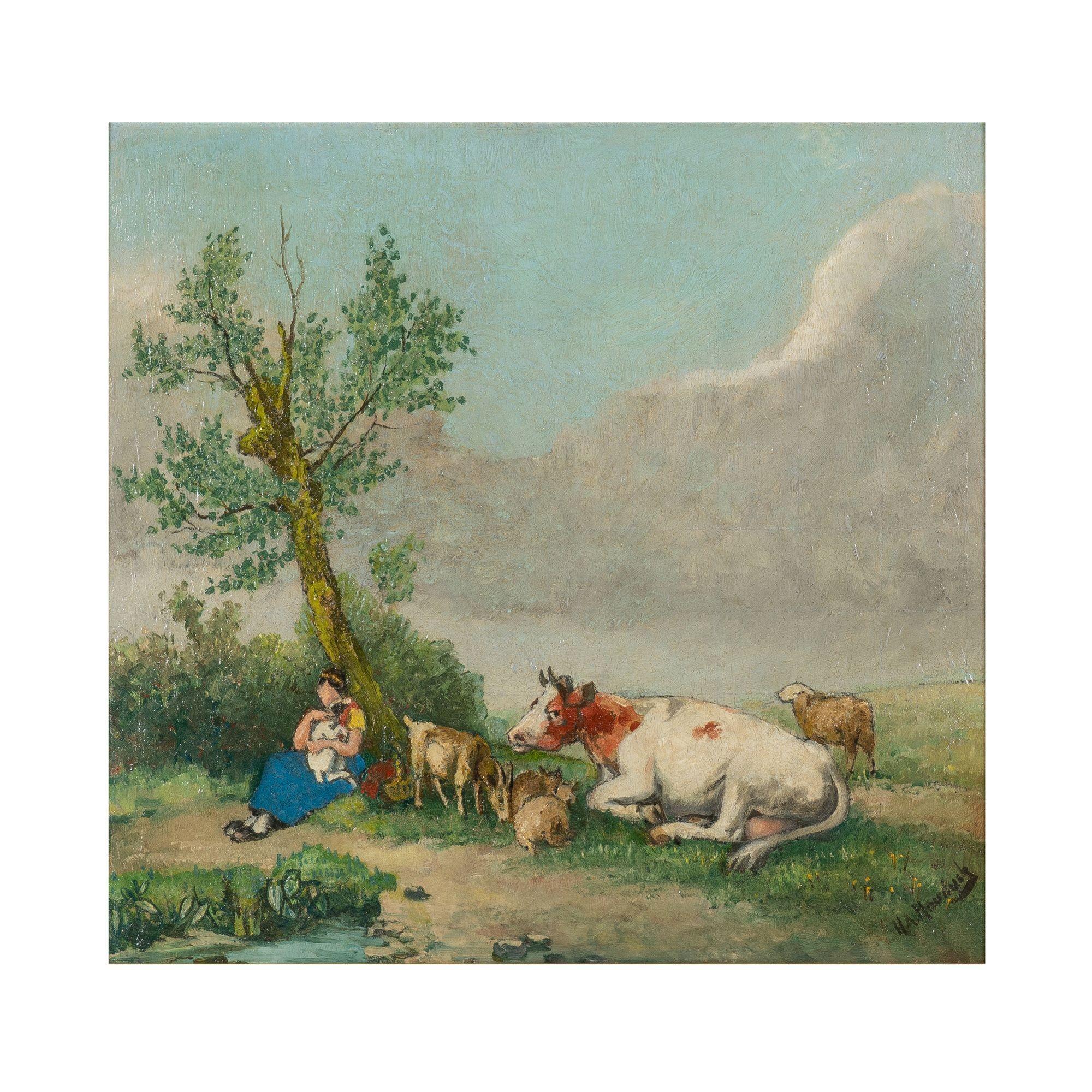 Country Scène de ferme hollandaise à l'huile sur toile, 1890-1910 en vente