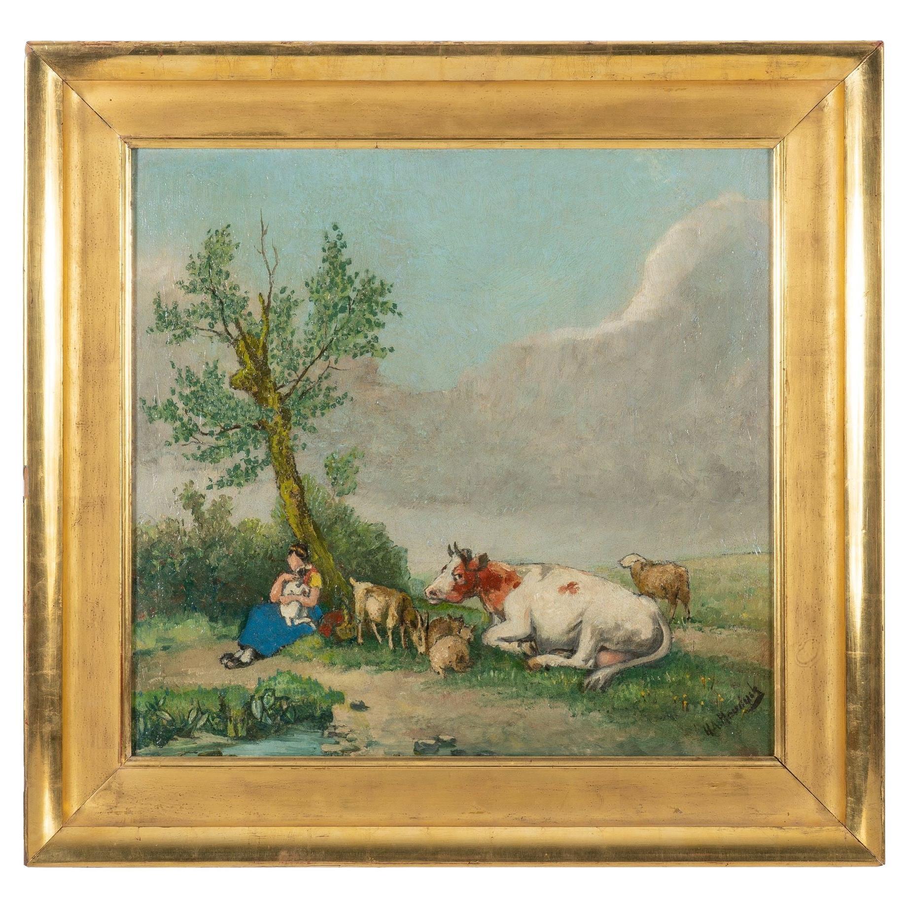 Dutch oil on canvas farm scene, 1890-1910 For Sale