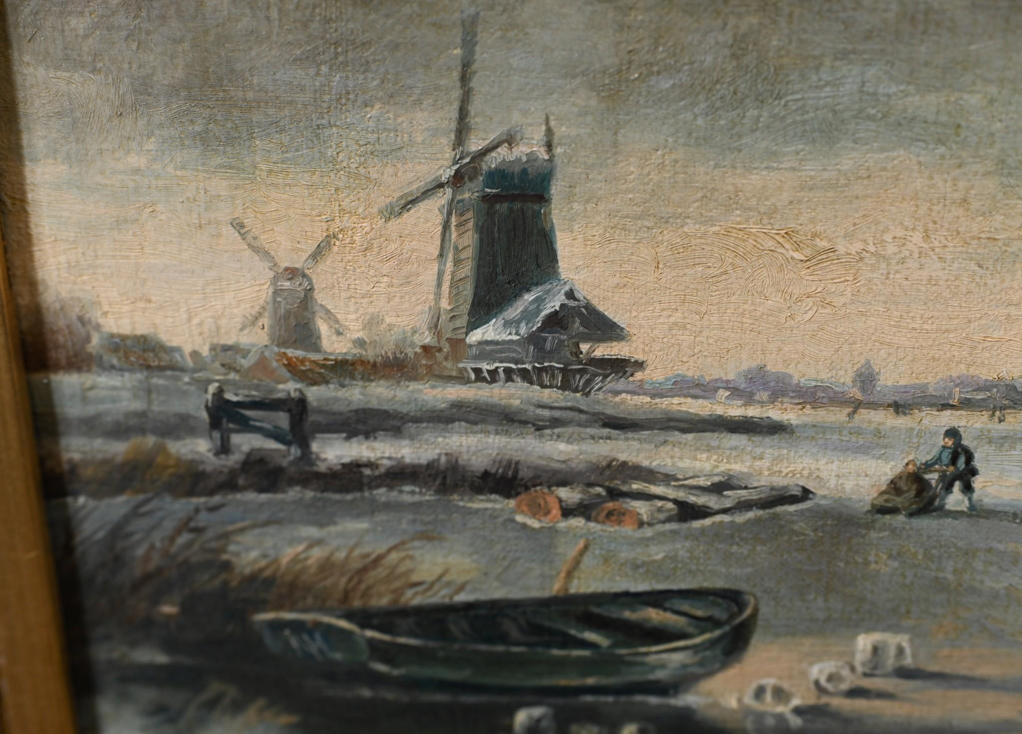 Dutch Oil Painting Frozen Landscape Signed T. Bergman For Sale 7
