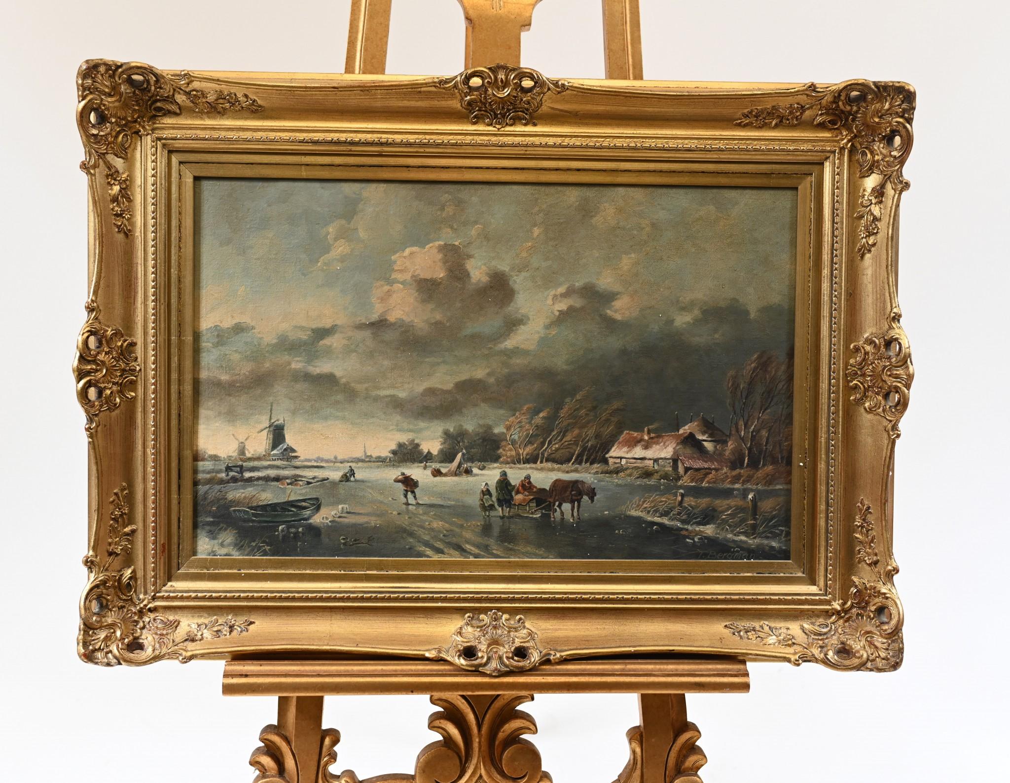 Gorgeous antique Dutch oil painting of a frozen landscape in Holland
The piece is signed T Bergman in the bottom right corner
Bergman has really captured the moody and frozen scene with great skill, look at the details to the brushwork
A sled