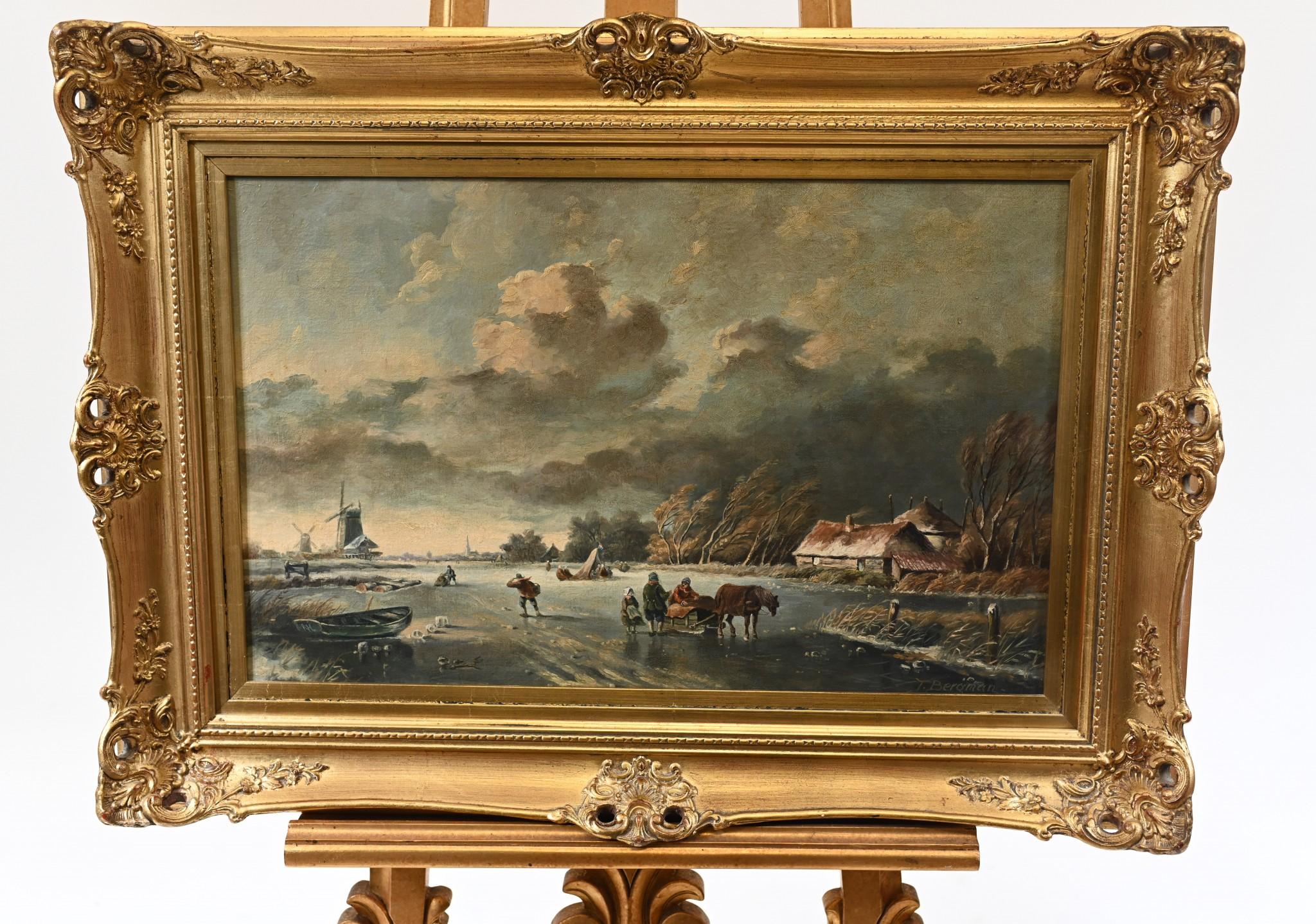 Dutch Oil Painting Frozen Landscape Signed T. Bergman In Good Condition For Sale In Potters Bar, GB
