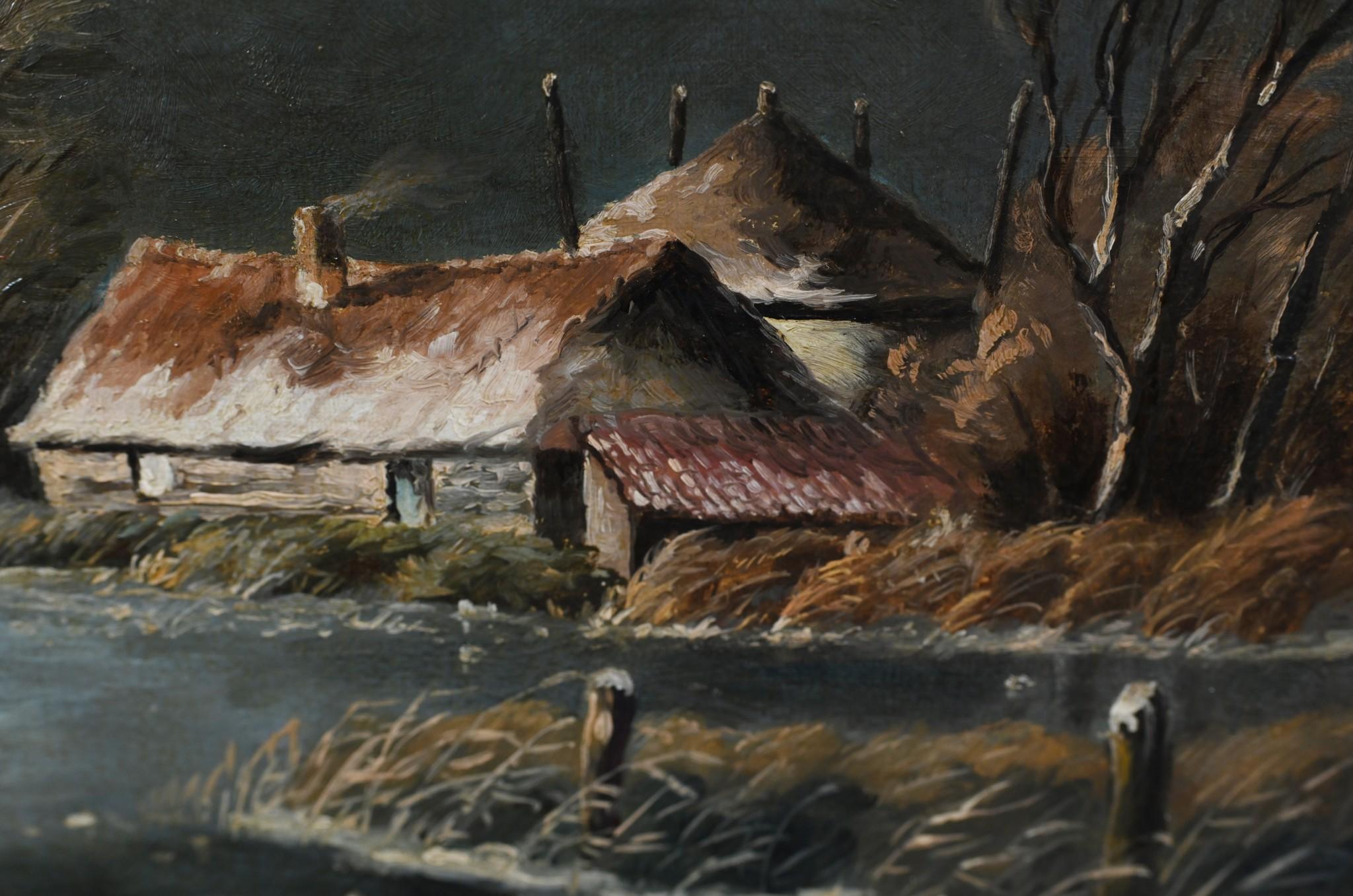 Late 20th Century Dutch Oil Painting Frozen Landscape Signed T. Bergman For Sale