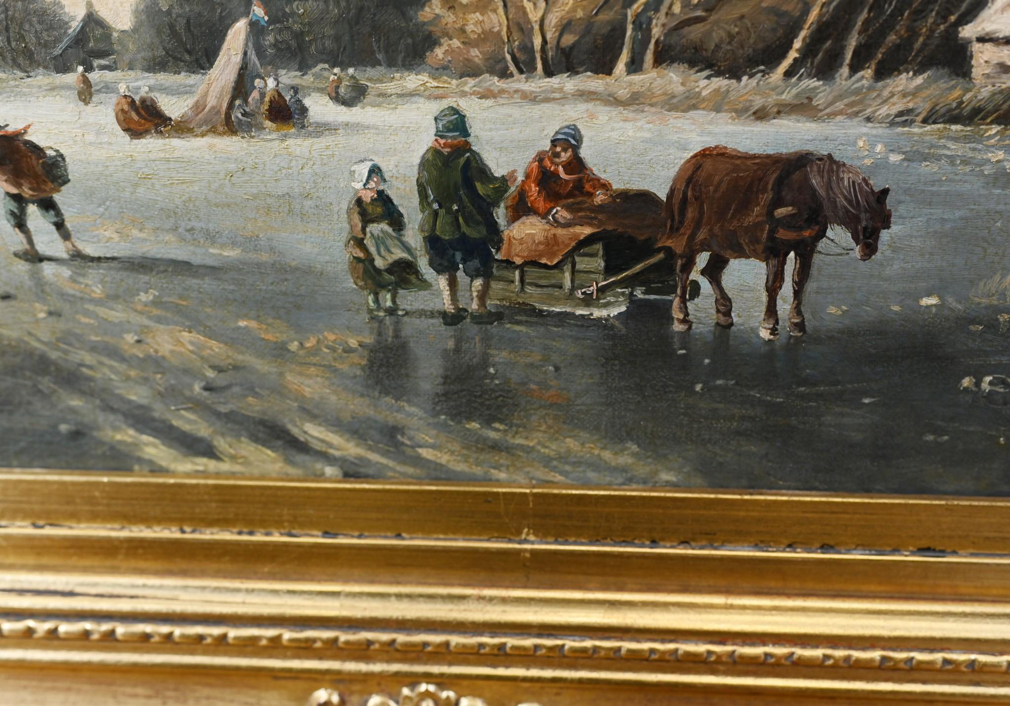 Dutch Oil Painting Frozen Landscape Signed T. Bergman For Sale 1