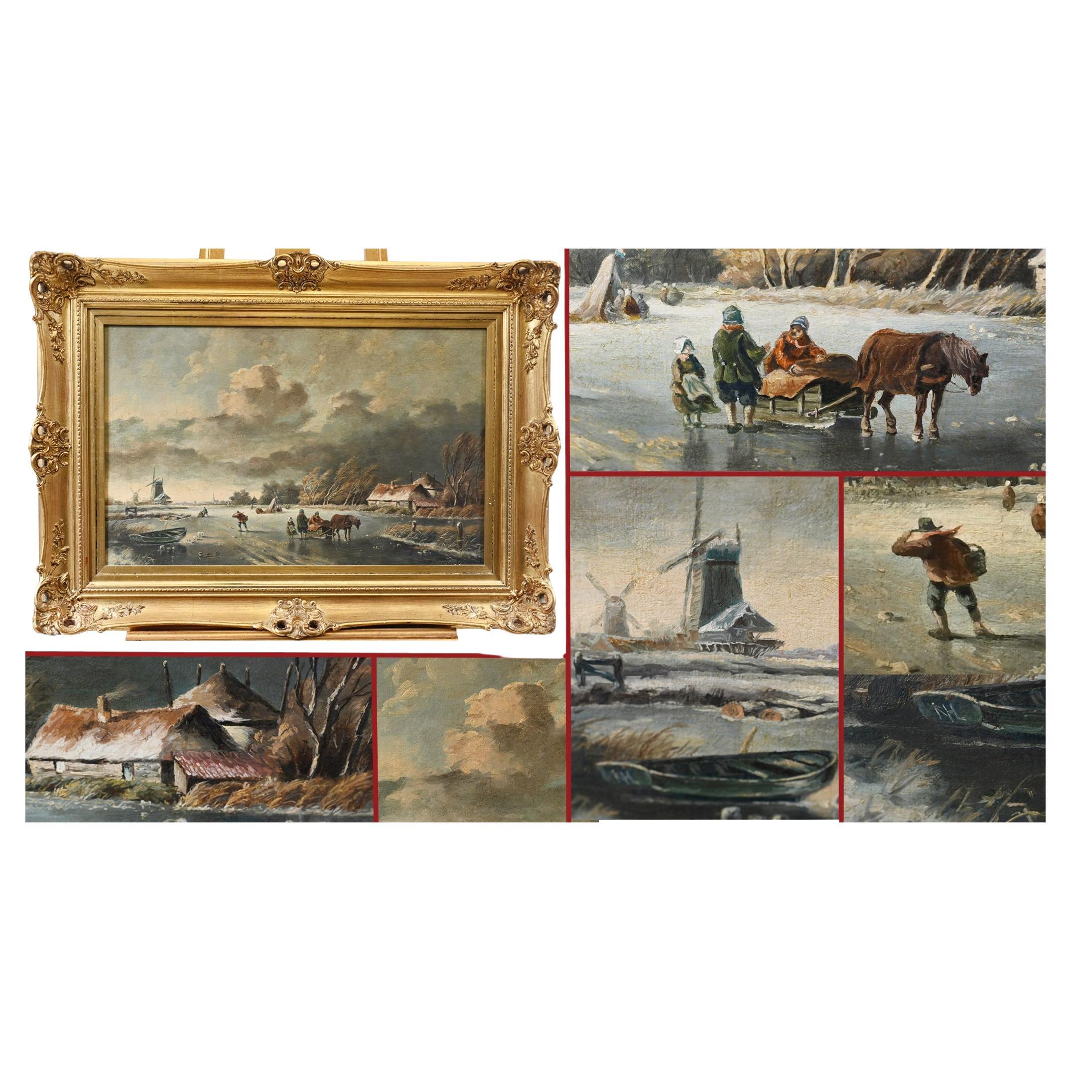 Dutch Oil Painting Frozen Landscape Signed T. Bergman For Sale
