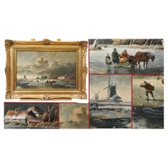 Vintage Dutch Oil Painting Frozen Landscape Signed T. Bergman