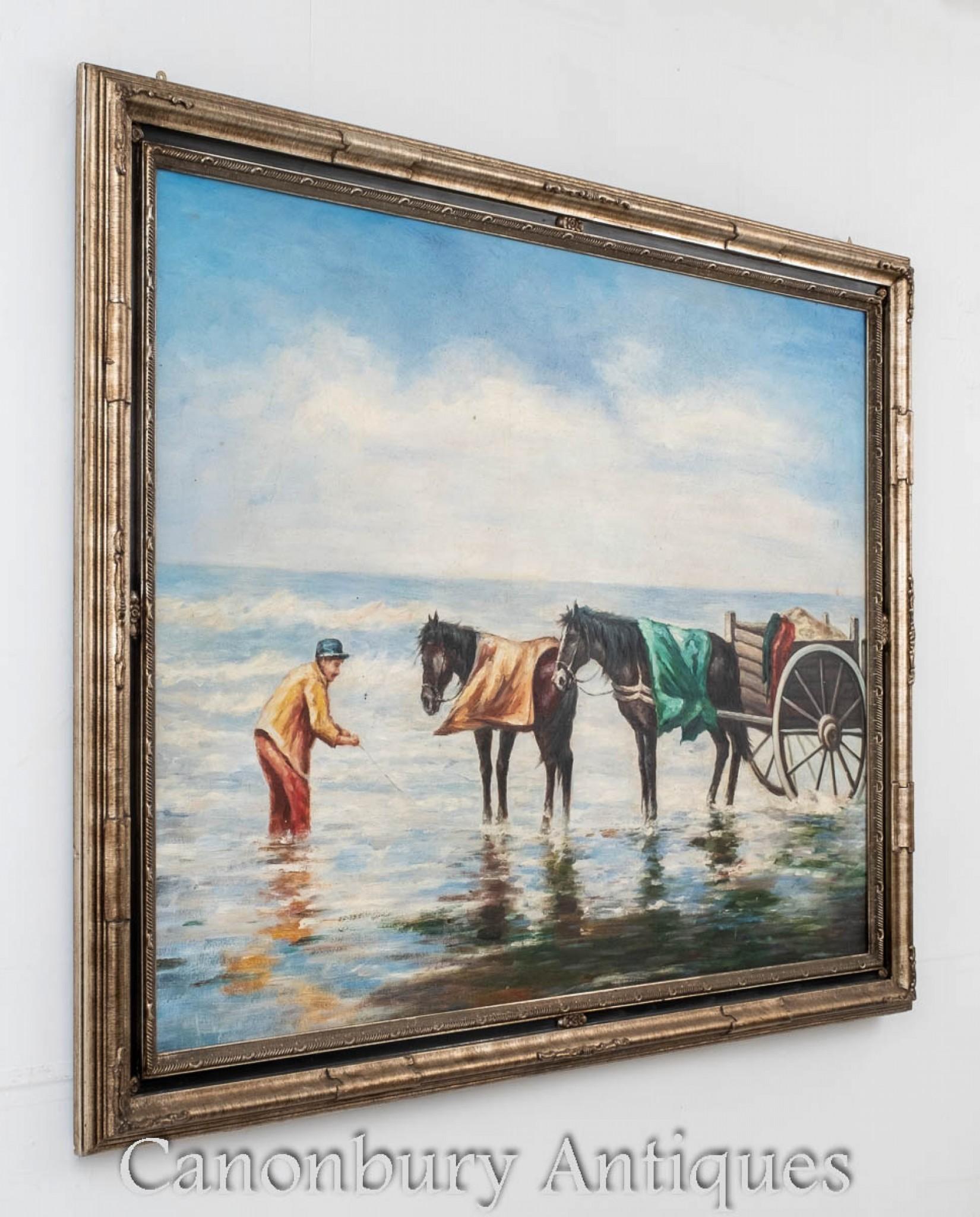 Dutch Oil Painting Horse and Cart Shrimp Fishing Portrait In Good Condition For Sale In Potters Bar, GB