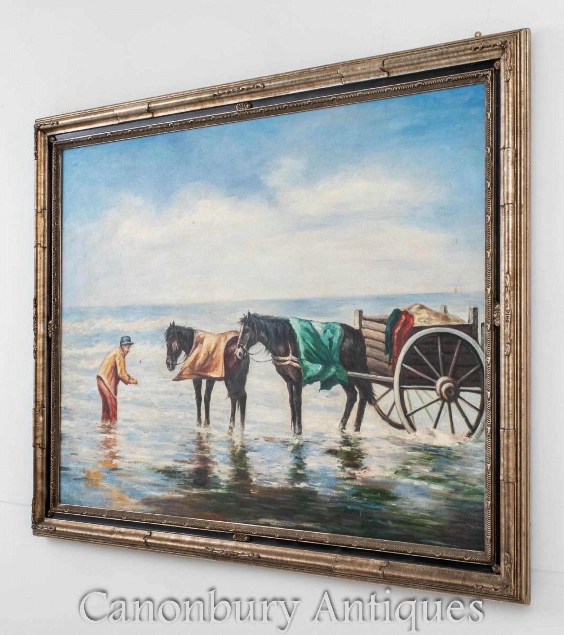 Late 20th Century Dutch Oil Painting Horse and Cart Shrimp Fishing Portrait For Sale