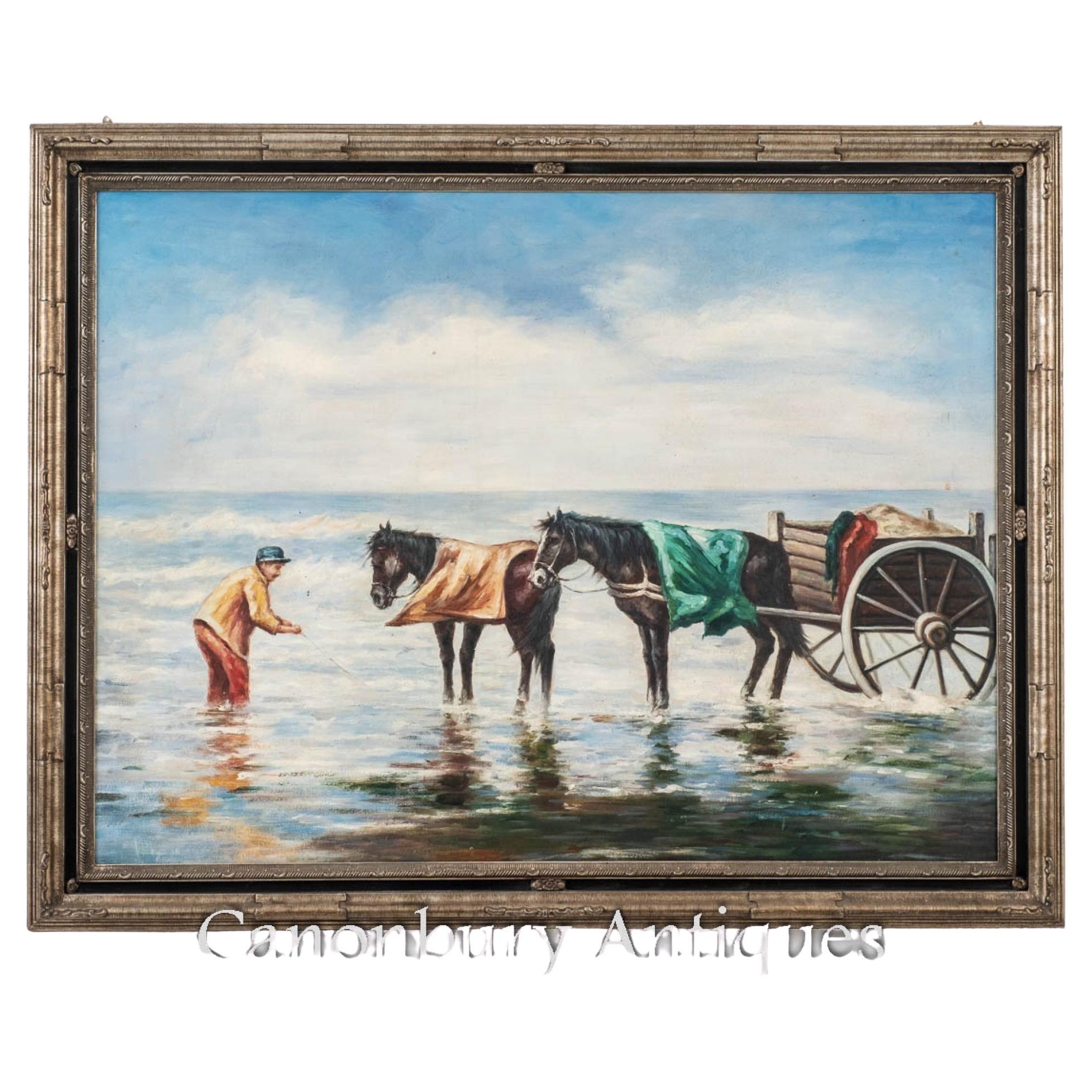 Pintura al óleo holandesa Caballo y carro Retrato de pesca de gambas