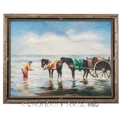 Pittura ad olio olandese Cavallo e carro Pesca di gamberi Ritratto