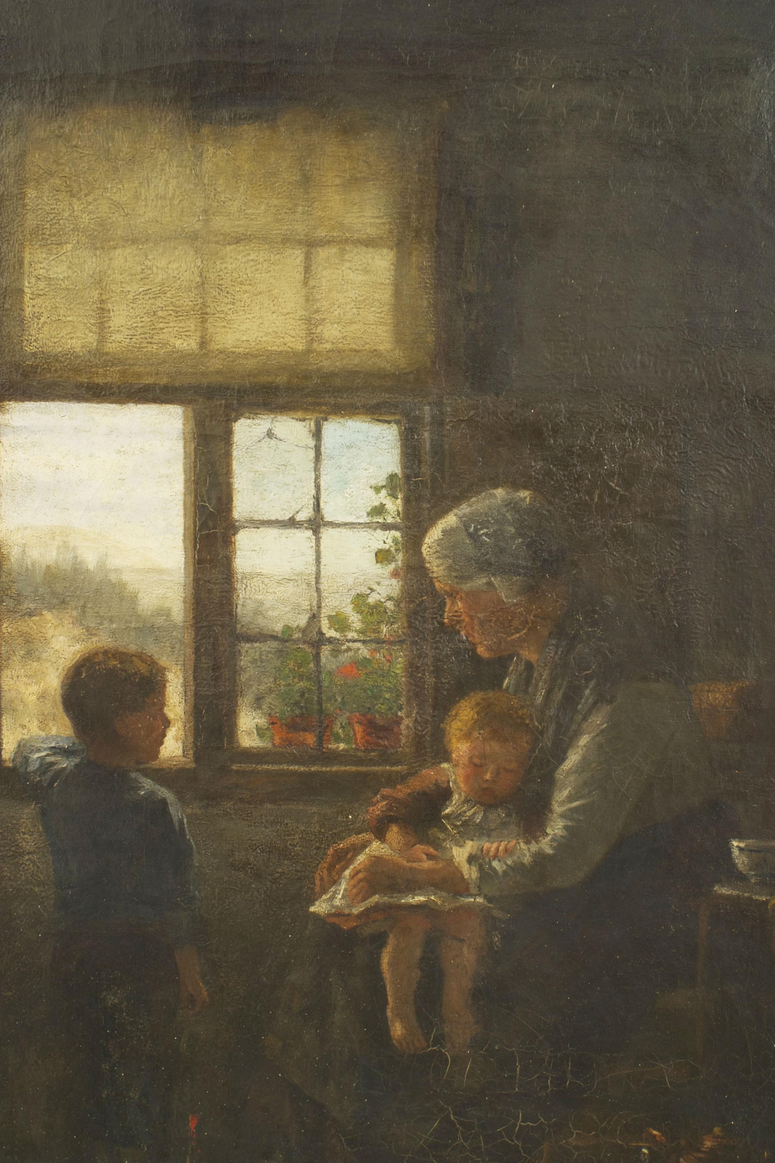 Óleo holandés continental (s. XIX) de una escena interior con una madre y sus hijos junto a una ventana abierta (firmado: WEILAND)