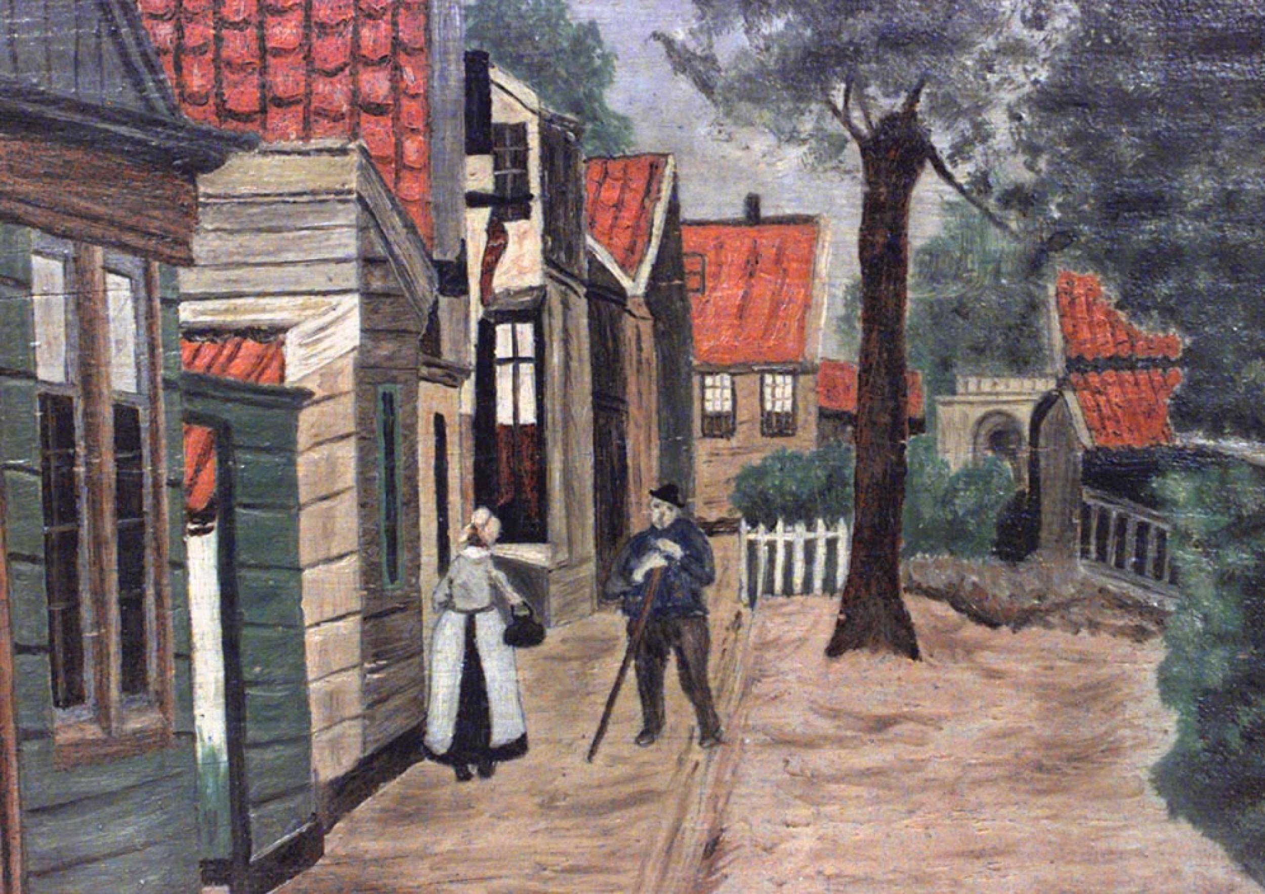 Dutch style (20th Cent) gilt framed oil painting of street with man and woman.