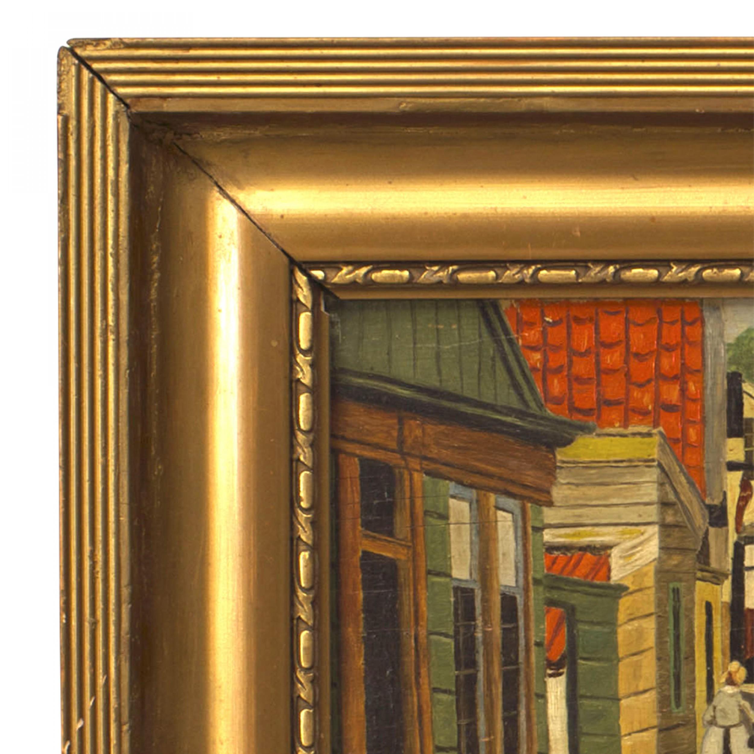 Hand-Painted Dutch Oil Painting of Street with Figures For Sale