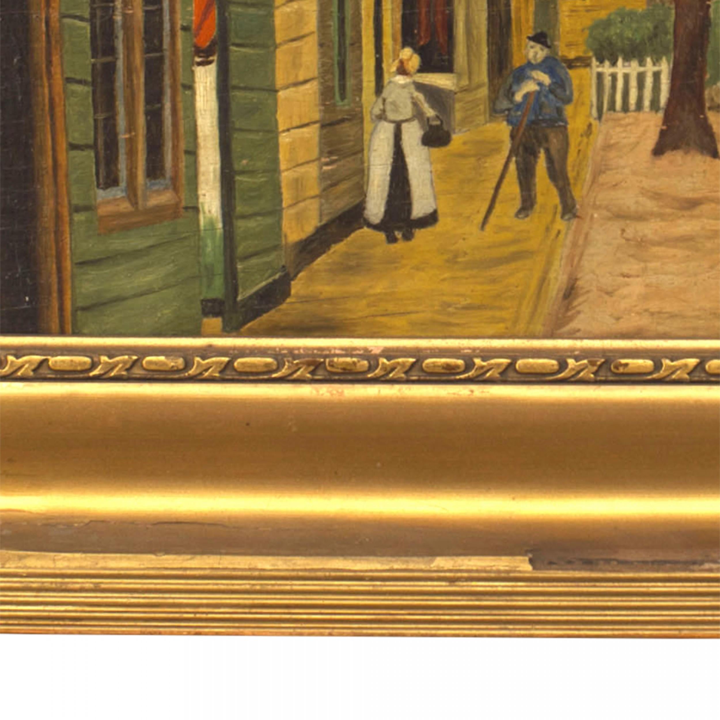 Dutch Oil Painting of Street with Figures In Good Condition For Sale In Queens, NY