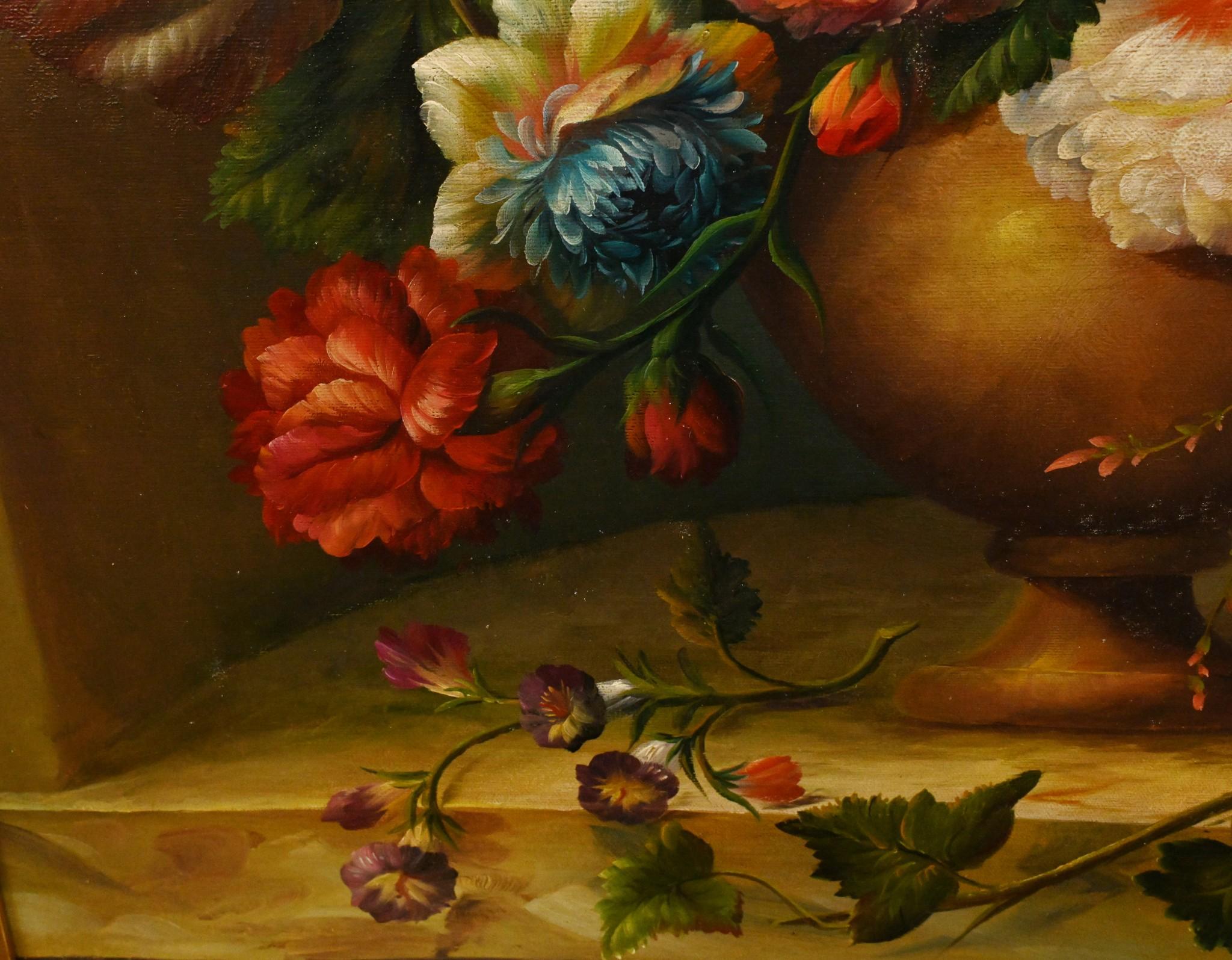 Pintura al Óleo Holandesa Bodegón Espray Floral Marco Dorado en venta 7