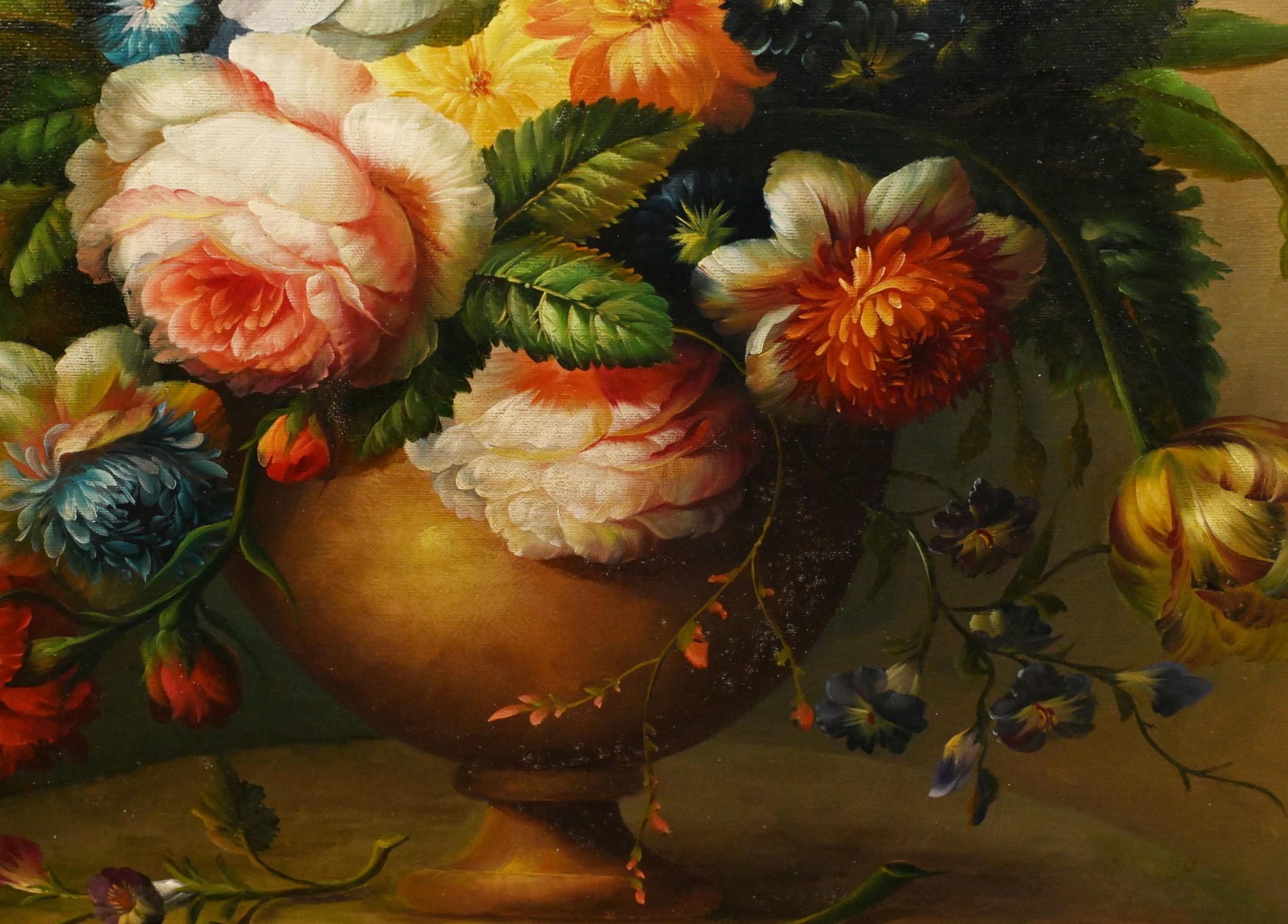 Pintura al Óleo Holandesa Bodegón Espray Floral Marco Dorado en venta 8