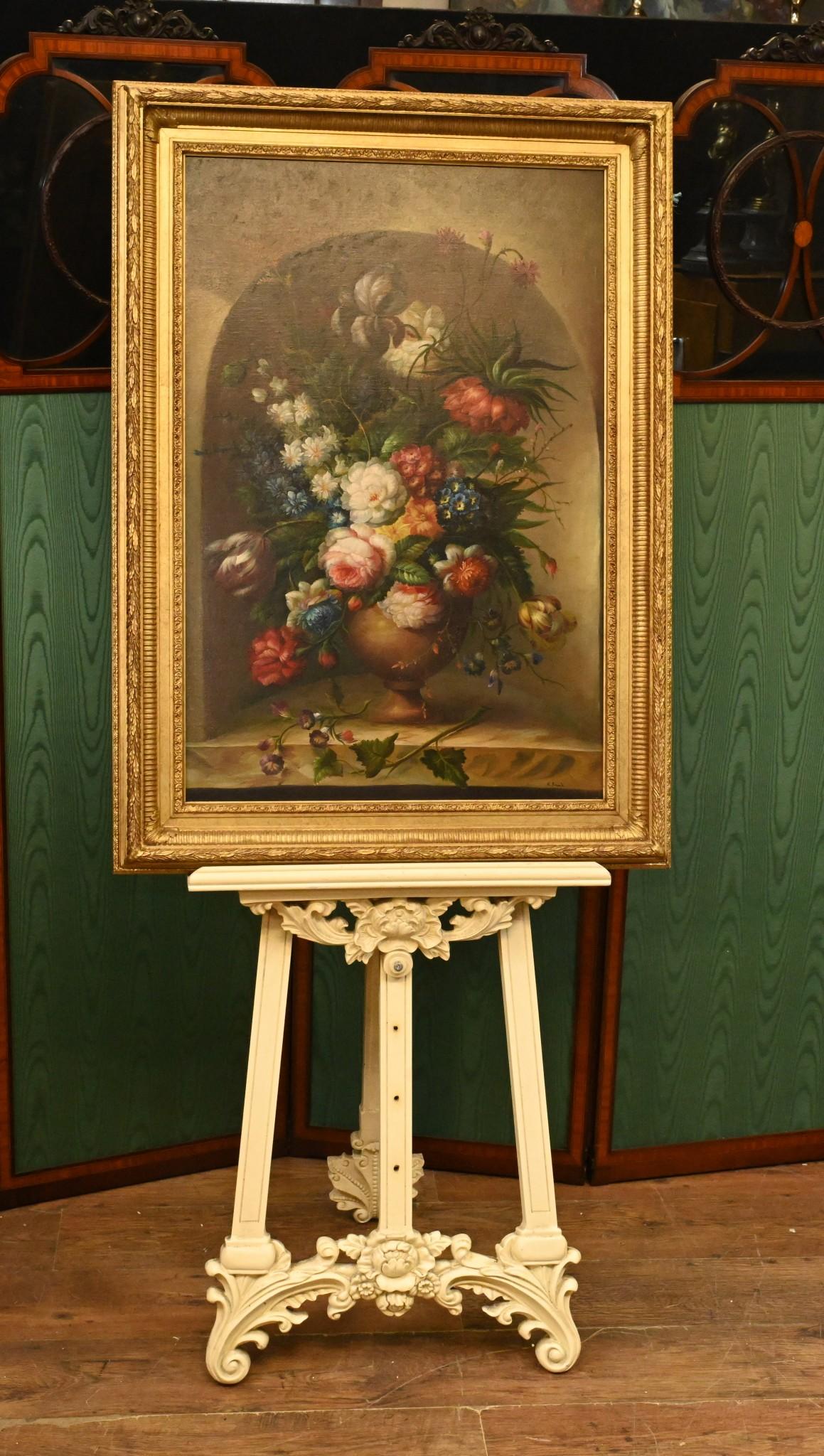 Pintura al Óleo Holandesa Bodegón Espray Floral Marco Dorado en venta 10