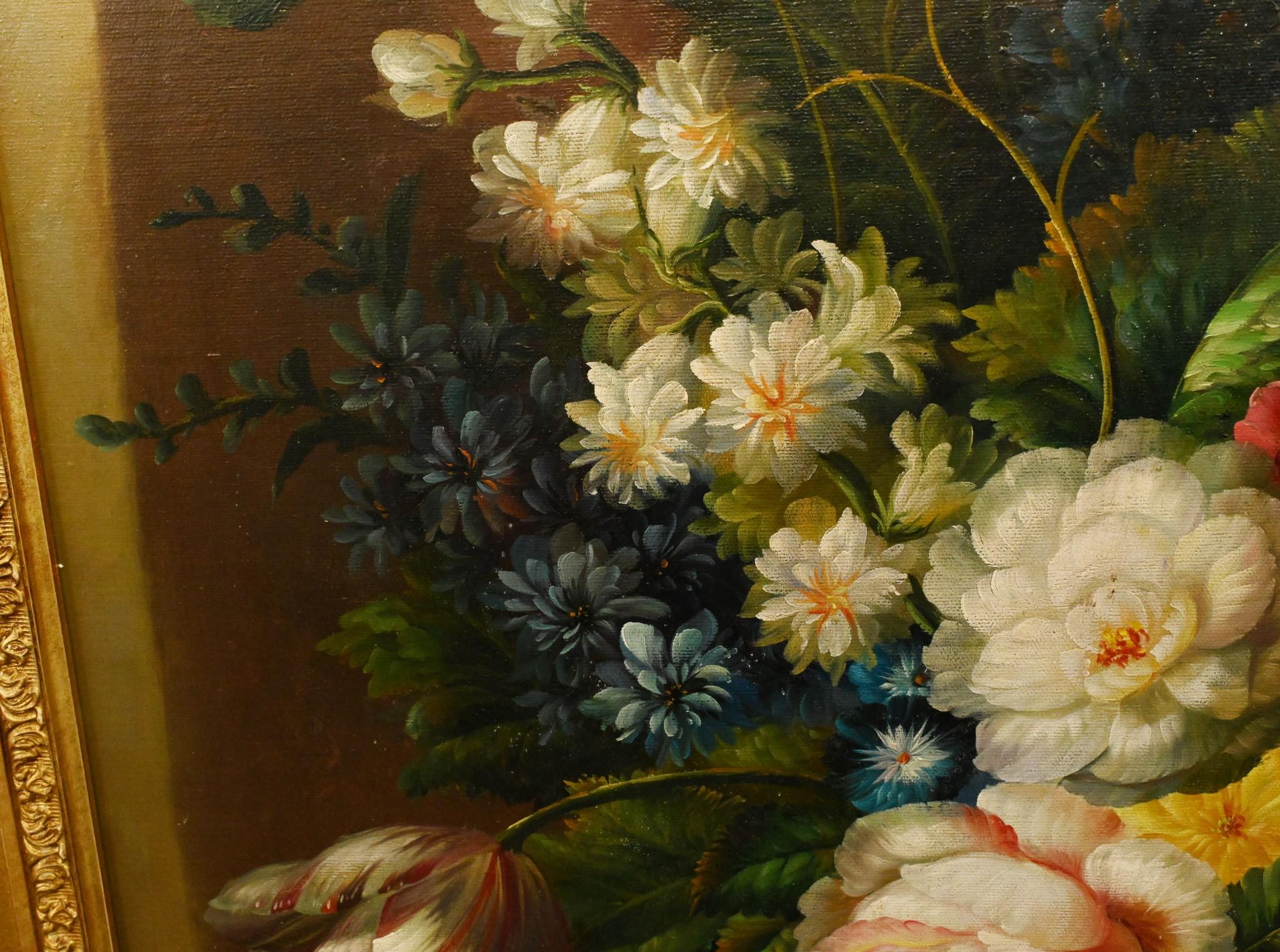 Pintura al Óleo Holandesa Bodegón Espray Floral Marco Dorado en venta 3