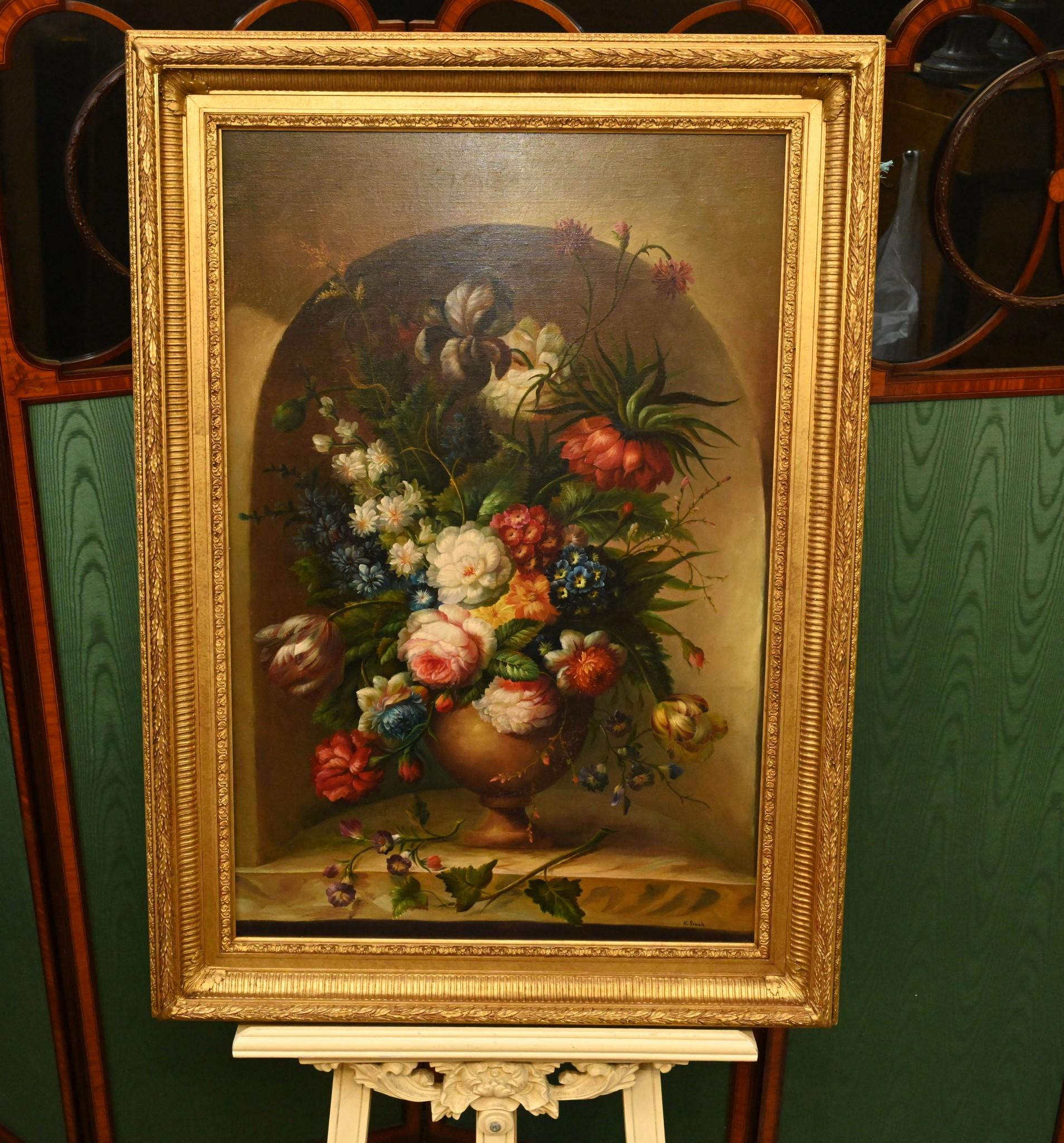 Pintura al Óleo Holandesa Bodegón Espray Floral Marco Dorado en venta 5