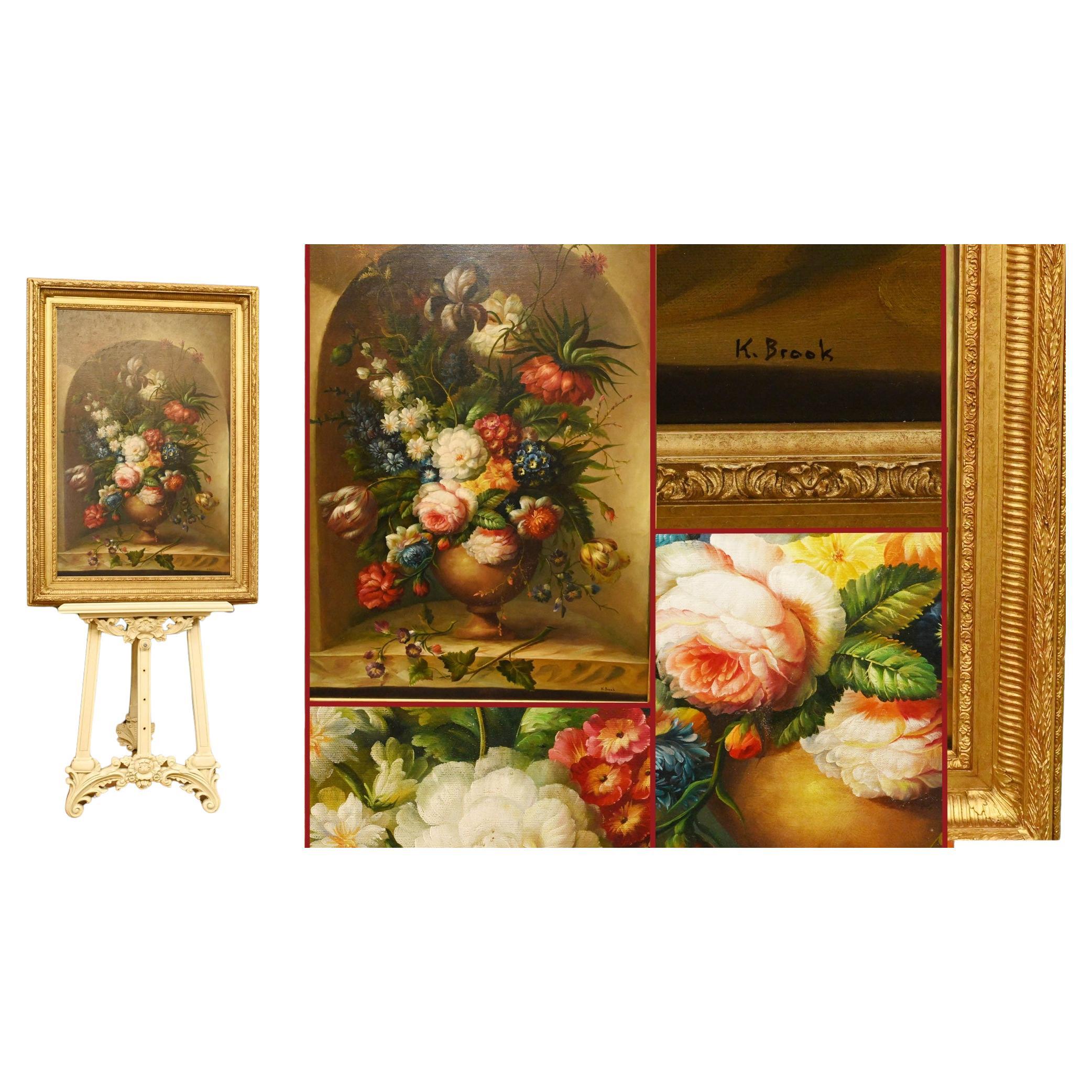 Pintura al Óleo Holandesa Bodegón Espray Floral Marco Dorado en venta
