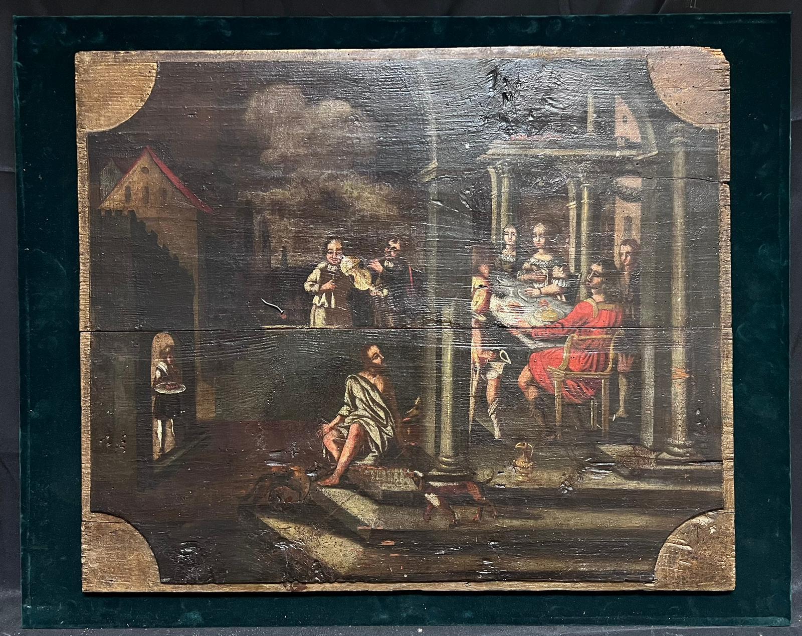 Panneau de bois à l'huile de maître du 17e siècle, de style baroque hollandais, avec des figures de banquet et de construction romaine. - Painting de Dutch Old Master