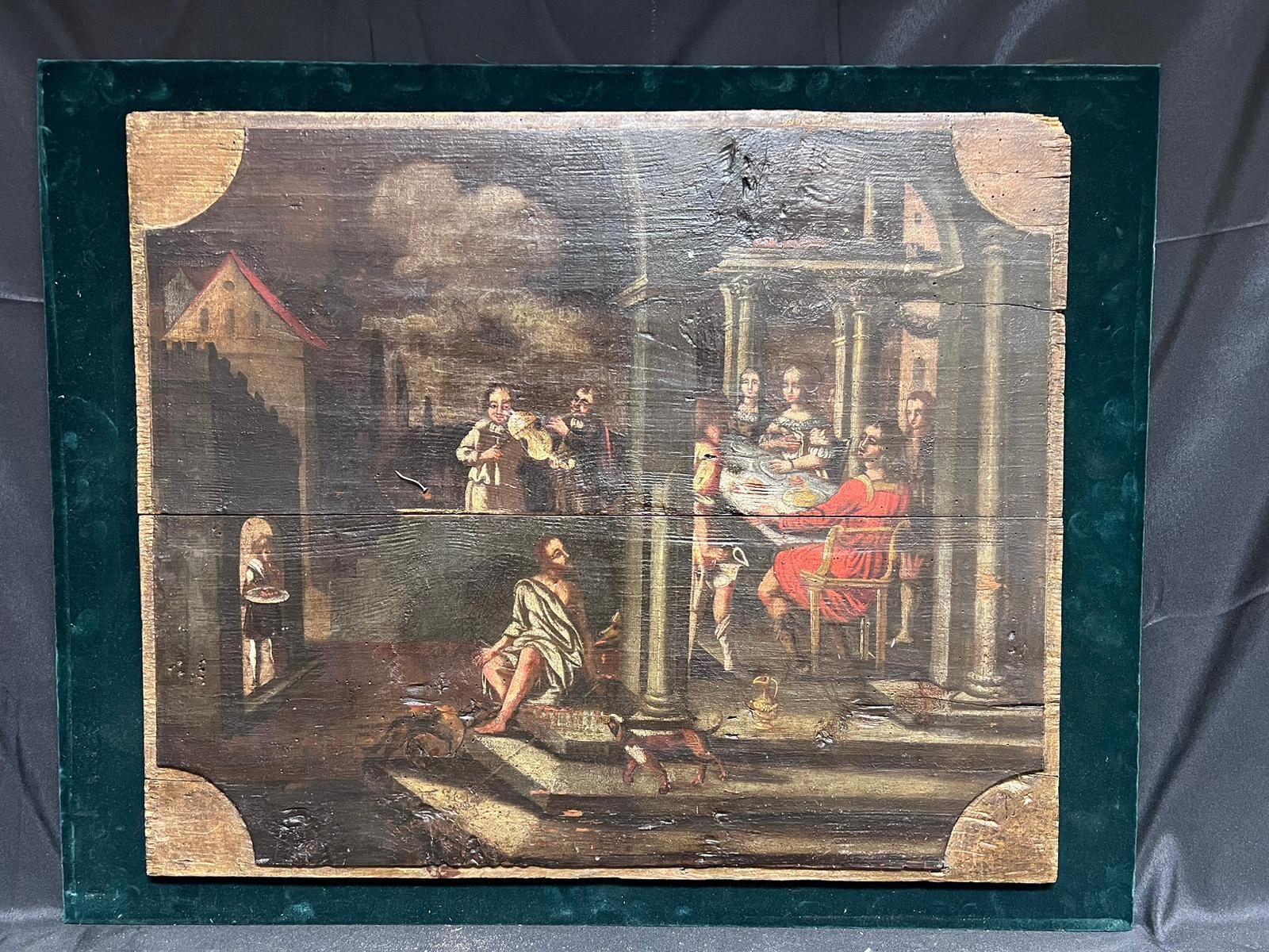 Panneau de bois à l'huile de maître du 17e siècle, de style baroque hollandais, avec des figures de banquet et de construction romaine. - Baroque Painting par Dutch Old Master