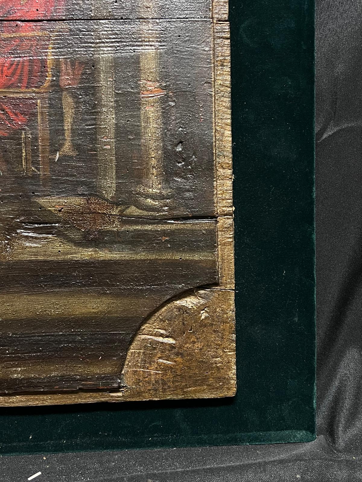 Panneau de bois à l'huile de maître du 17e siècle, de style baroque hollandais, avec des figures de banquet et de construction romaine. 2