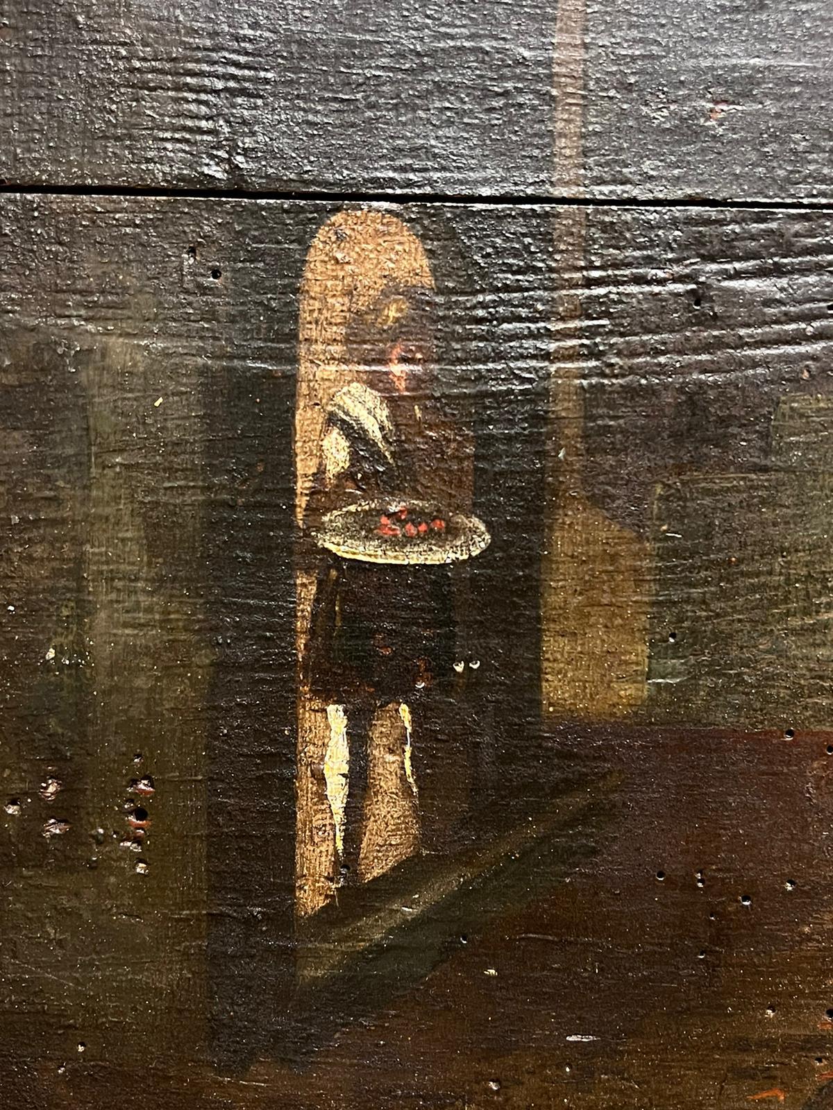 Panneau de bois à l'huile de maître du 17e siècle, de style baroque hollandais, avec des figures de banquet et de construction romaine. 3