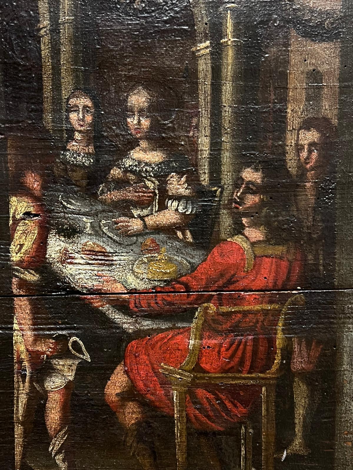 Panneau de bois à l'huile de maître du 17e siècle, de style baroque hollandais, avec des figures de banquet et de construction romaine. 4