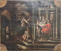 Antique 17th Century Dutch Baroque Old Master Oil Wood Panel Figures Banquet Roman Build