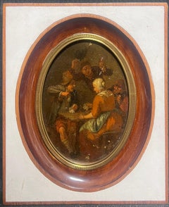 17th Century Dutch Old Master Oil Painting Oval Shape Figures in Tavern Interior