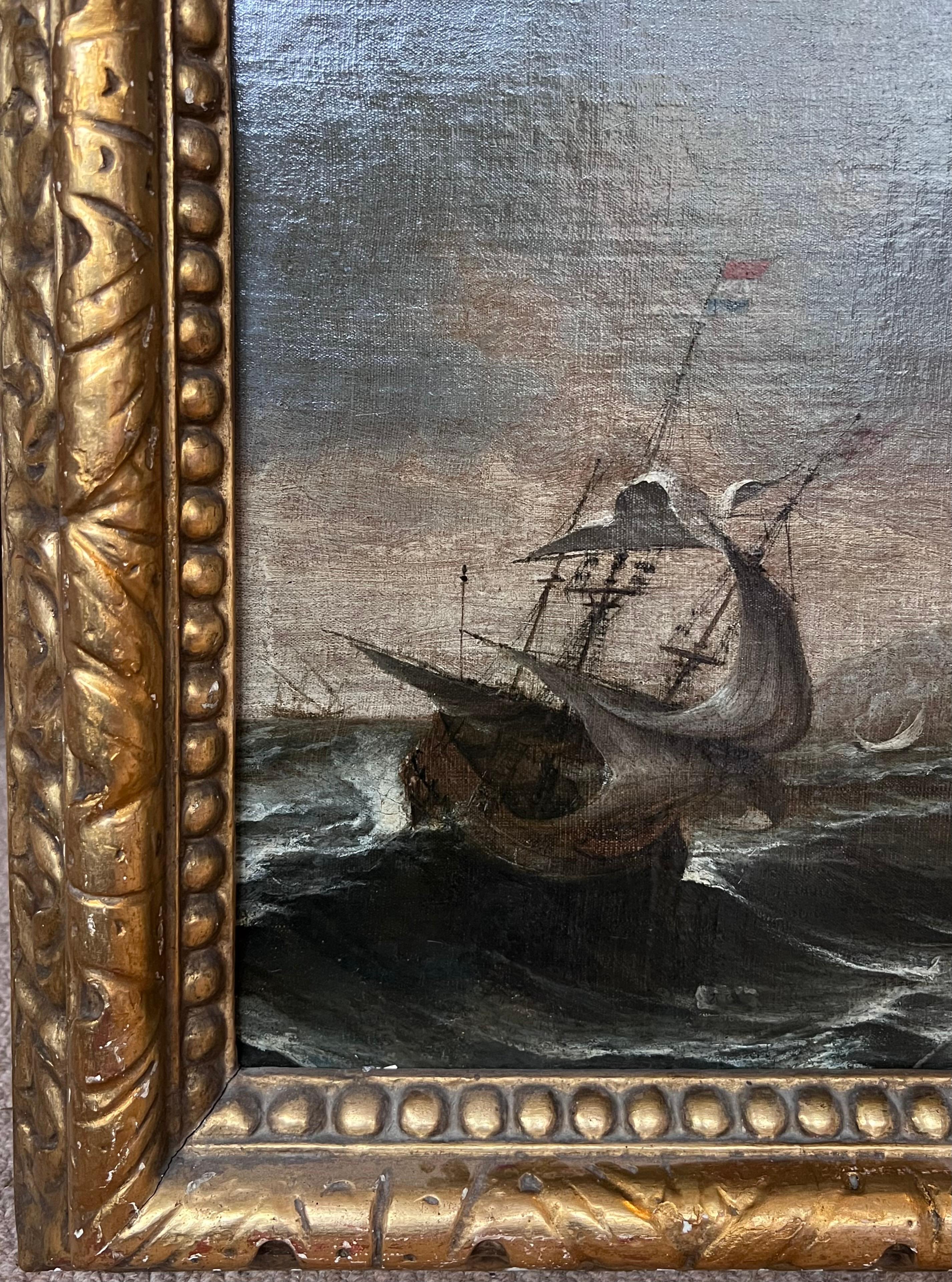 Pittura ad olio olandese del 17° secolo Old Master Shipping in Stormy Seas of Coastline (Navigazione in mari tempestosi) - Painting di Dutch Old Master