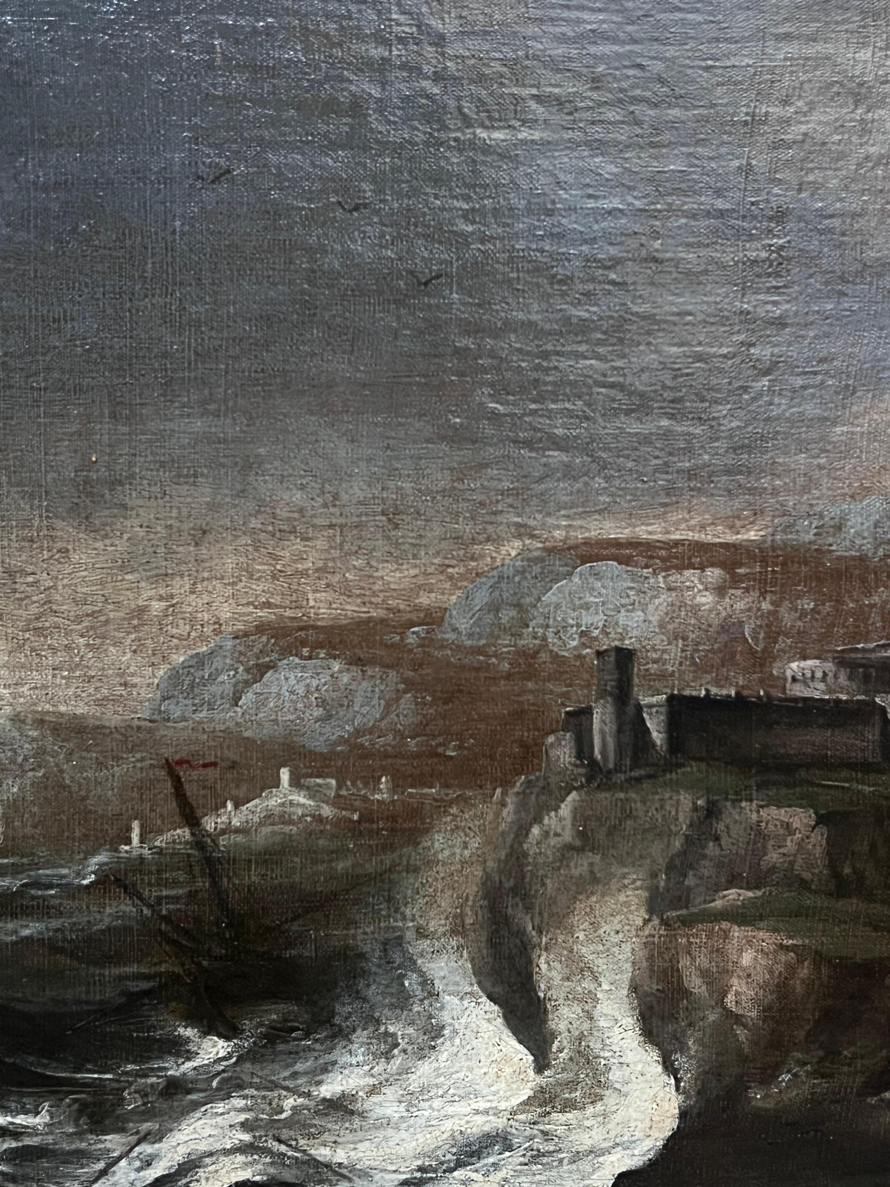 Pittura ad olio olandese del 17° secolo Old Master Shipping in Stormy Seas of Coastline (Navigazione in mari tempestosi) - Landscape Painting Nero di Dutch Old Master