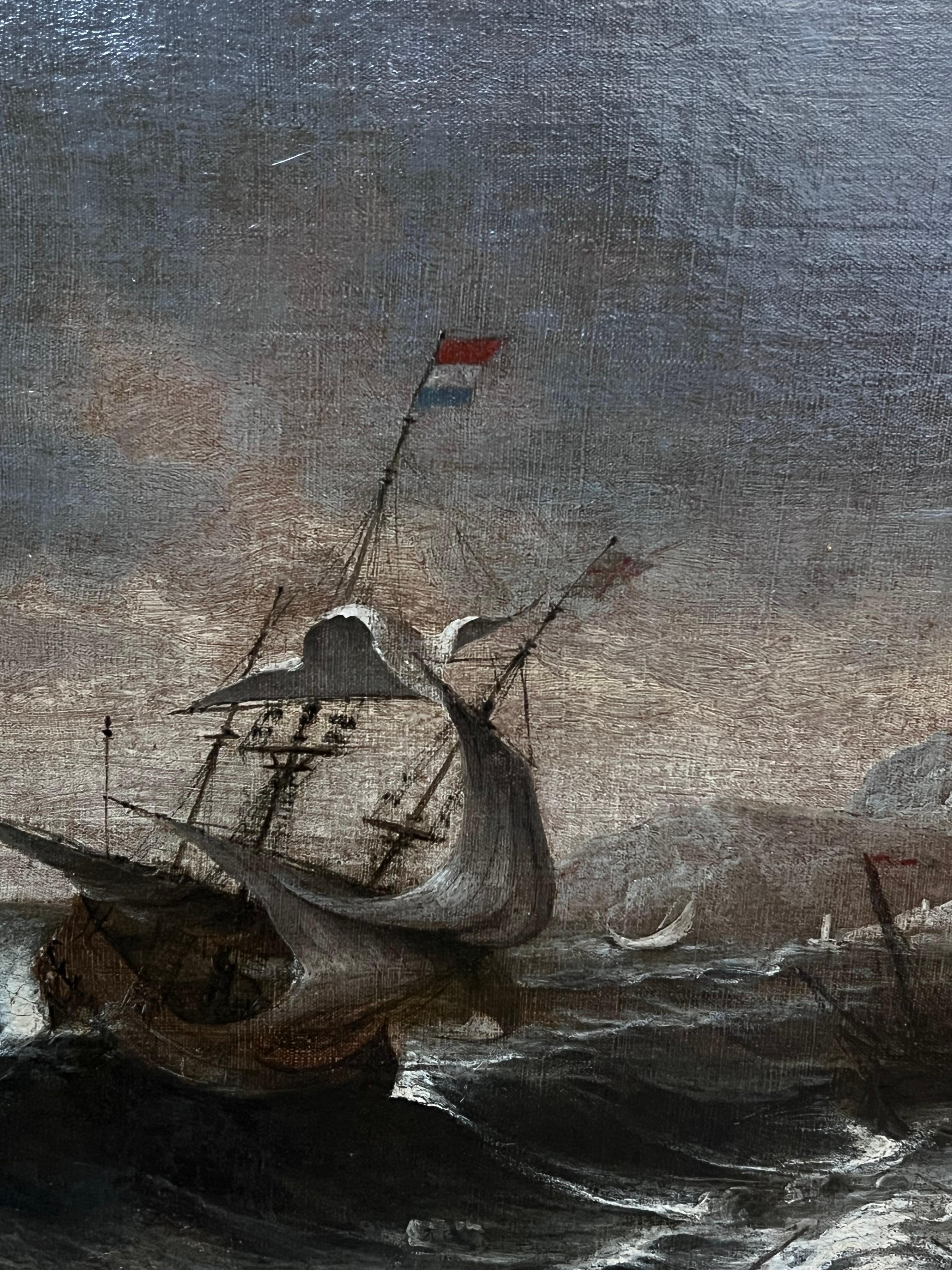 Navigare in mari tempestosi
Antico Maestro olandese, XVII secolo, non firmato
olio su tela, incorniciato in una cornice antica (del 1700) in legno dorato
incorniciato: 19 x 23 pollici
tela: 14 x 18 pollici
Provenienza: collezione privata, Parigi,