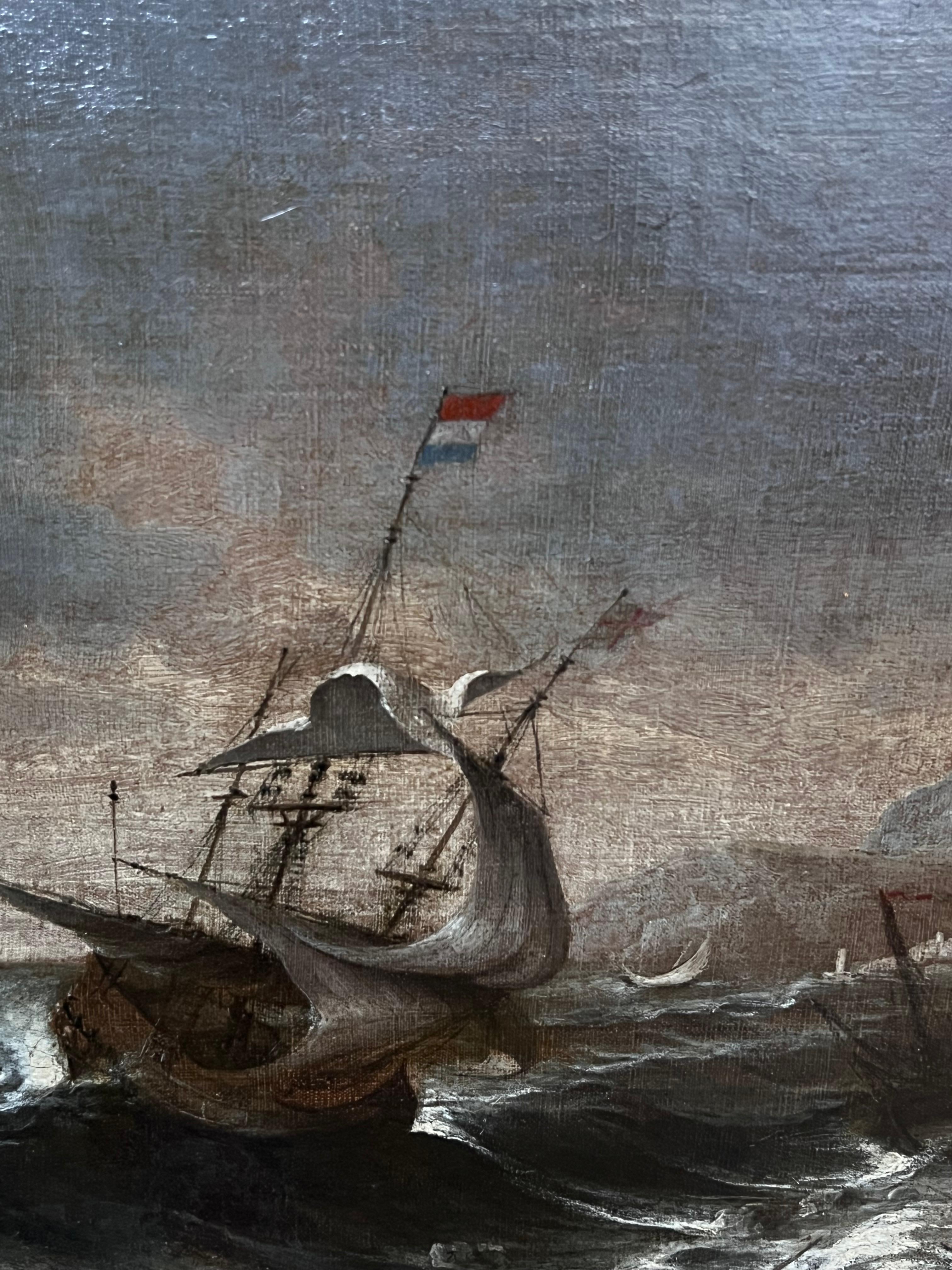 Pittura ad olio olandese del 17° secolo Old Master Shipping in Stormy Seas of Coastline (Navigazione in mari tempestosi) in vendita 3