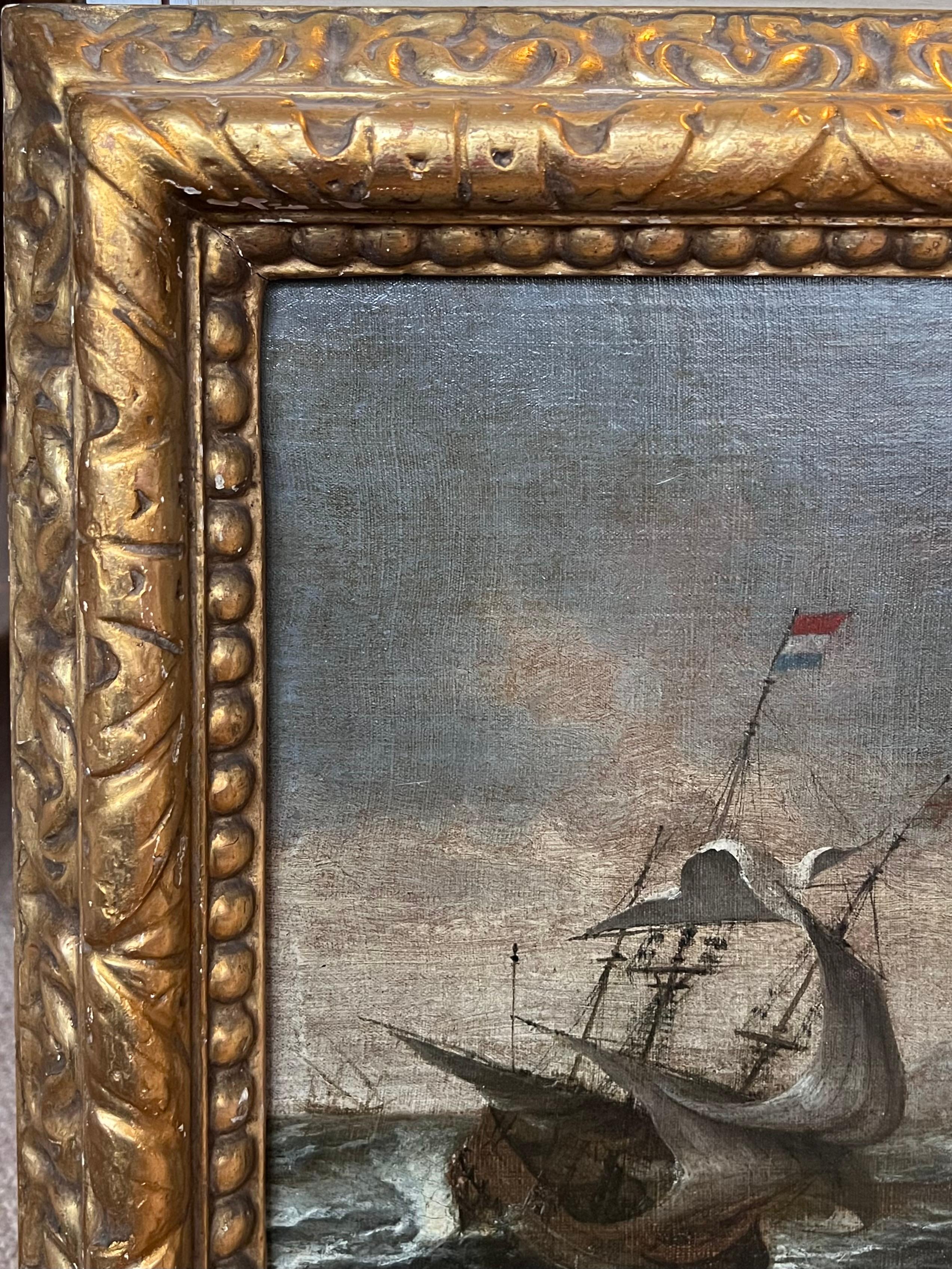 Pittura ad olio olandese del 17° secolo Old Master Shipping in Stormy Seas of Coastline (Navigazione in mari tempestosi) in vendita 4