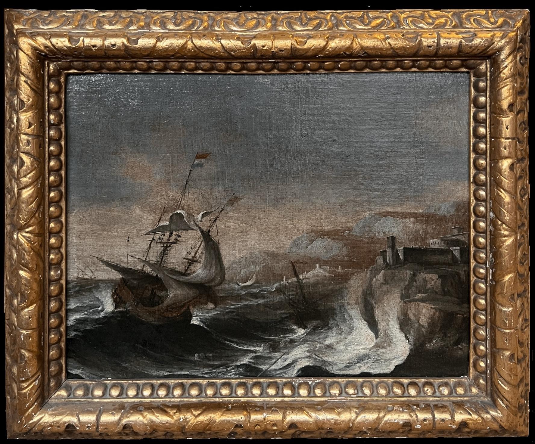 Landscape Painting di Dutch Old Master - Pittura ad olio olandese del 17° secolo Old Master Shipping in Stormy Seas of Coastline (Navigazione in mari tempestosi)