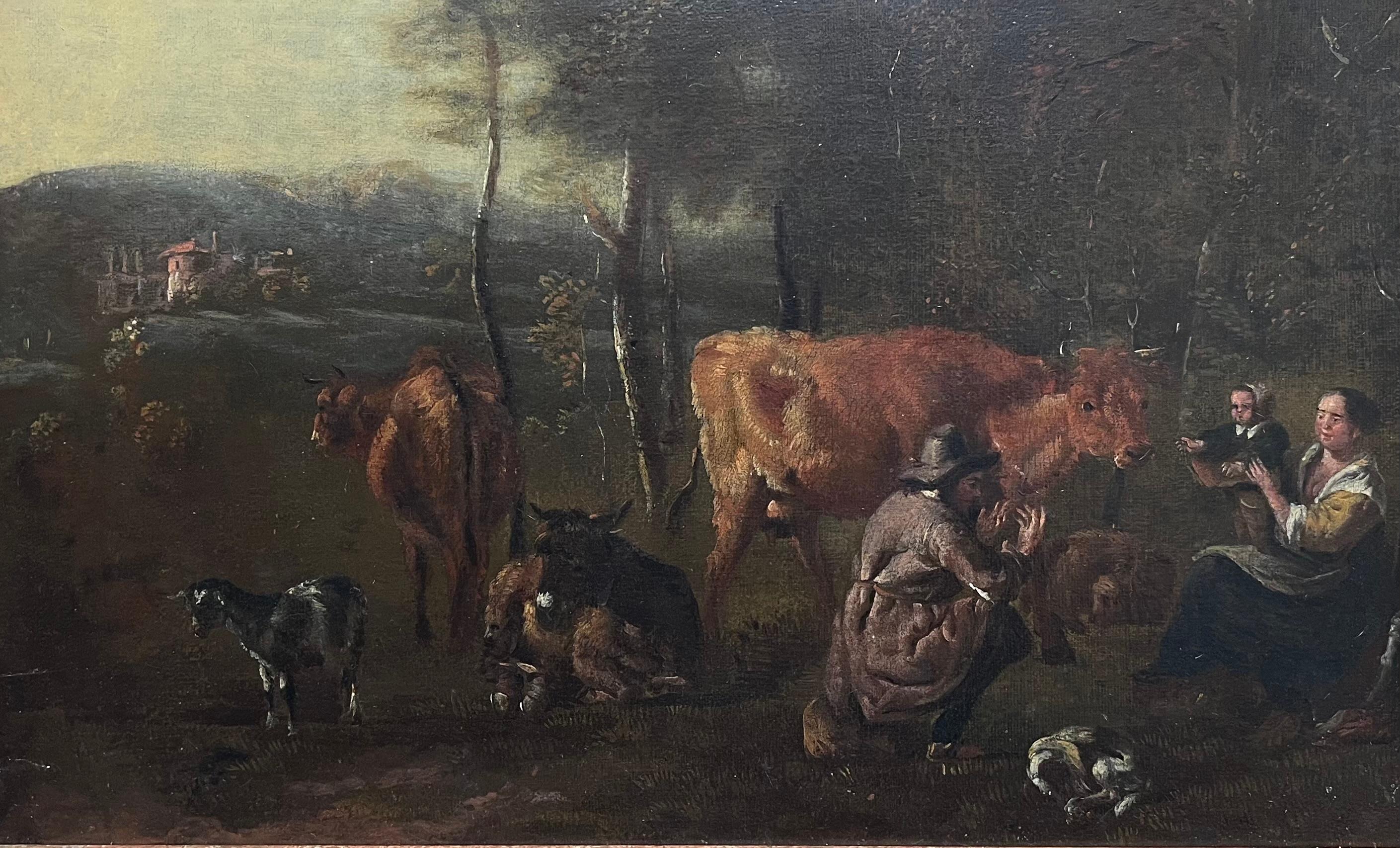 17th-Century Dutch Pastoral Scene Figures Cattle Goats in a Bucolic Landscape - Painting by Dutch Old Master