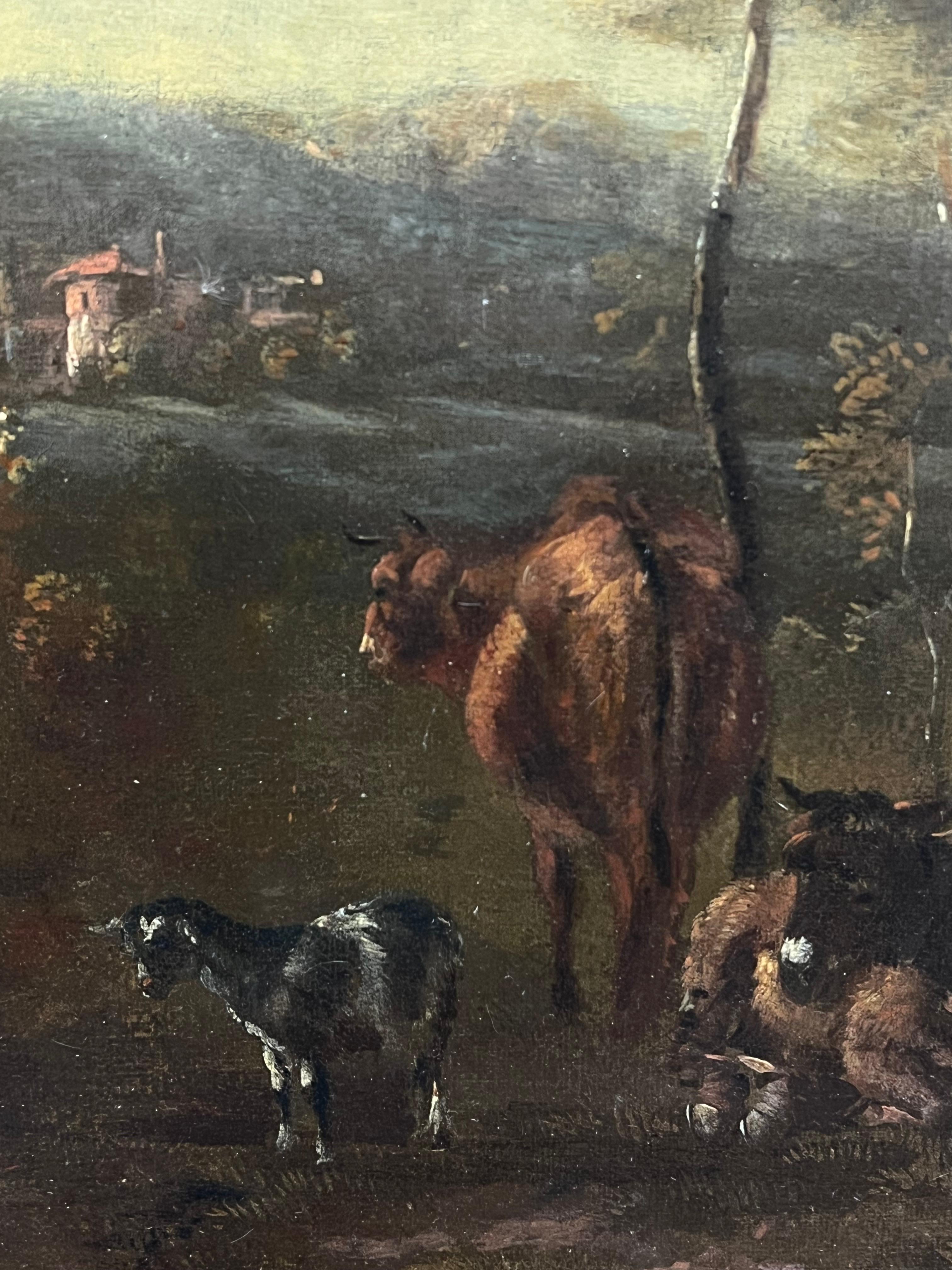 Pastoral Scene with Figures
Dutch Old Master, 17th century
oil on canvas, framed
Framed: 16.5 x 24 inches
Canvas : 13 x 21 inches
Provenance: private collection, UK
Condition: very good condition

Description: This captivating 17th-century oil