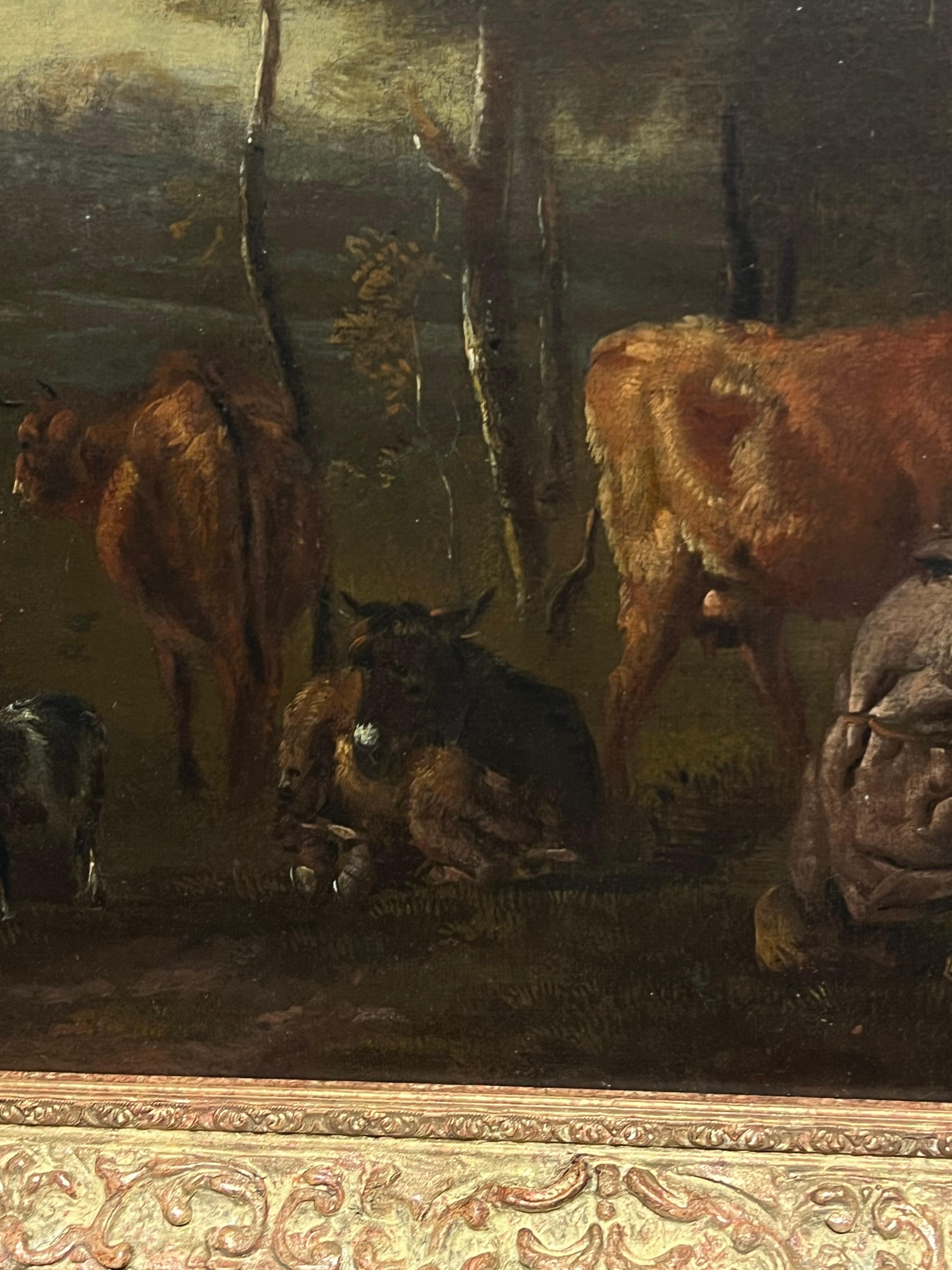 17th-Century Dutch Pastoral Scene Figures Cattle Goats in a Bucolic Landscape For Sale 4