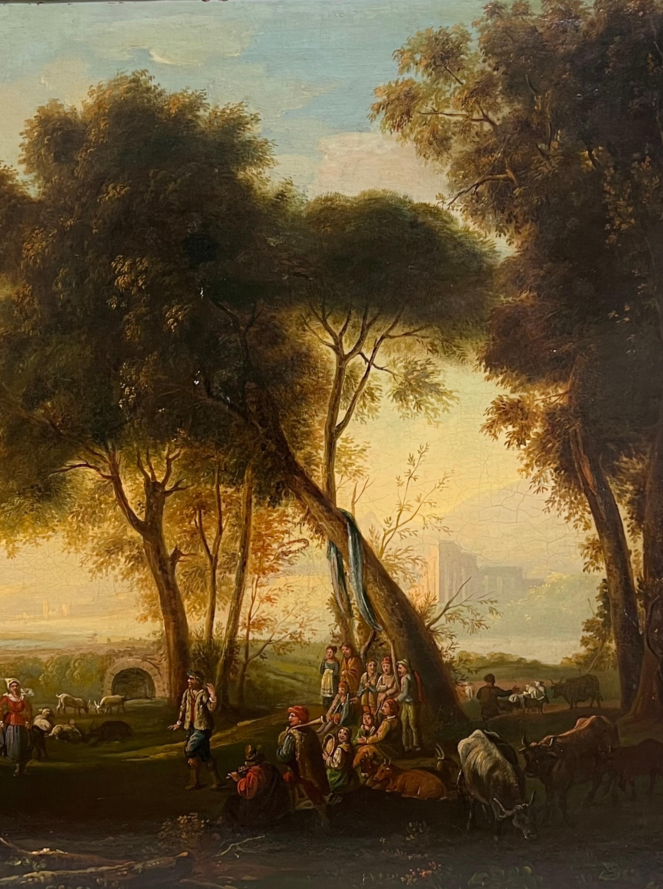 Belle huile de maître hollandaise du XVIIe siècle à l'âge d'or - Figures dans un paysage classique en vente 1
