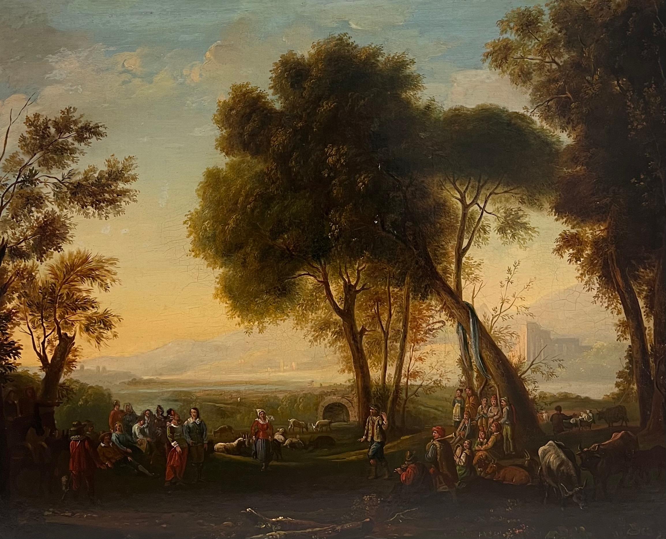 Belle huile de maître hollandaise du XVIIe siècle à l'âge d'or - Figures dans un paysage classique en vente 2