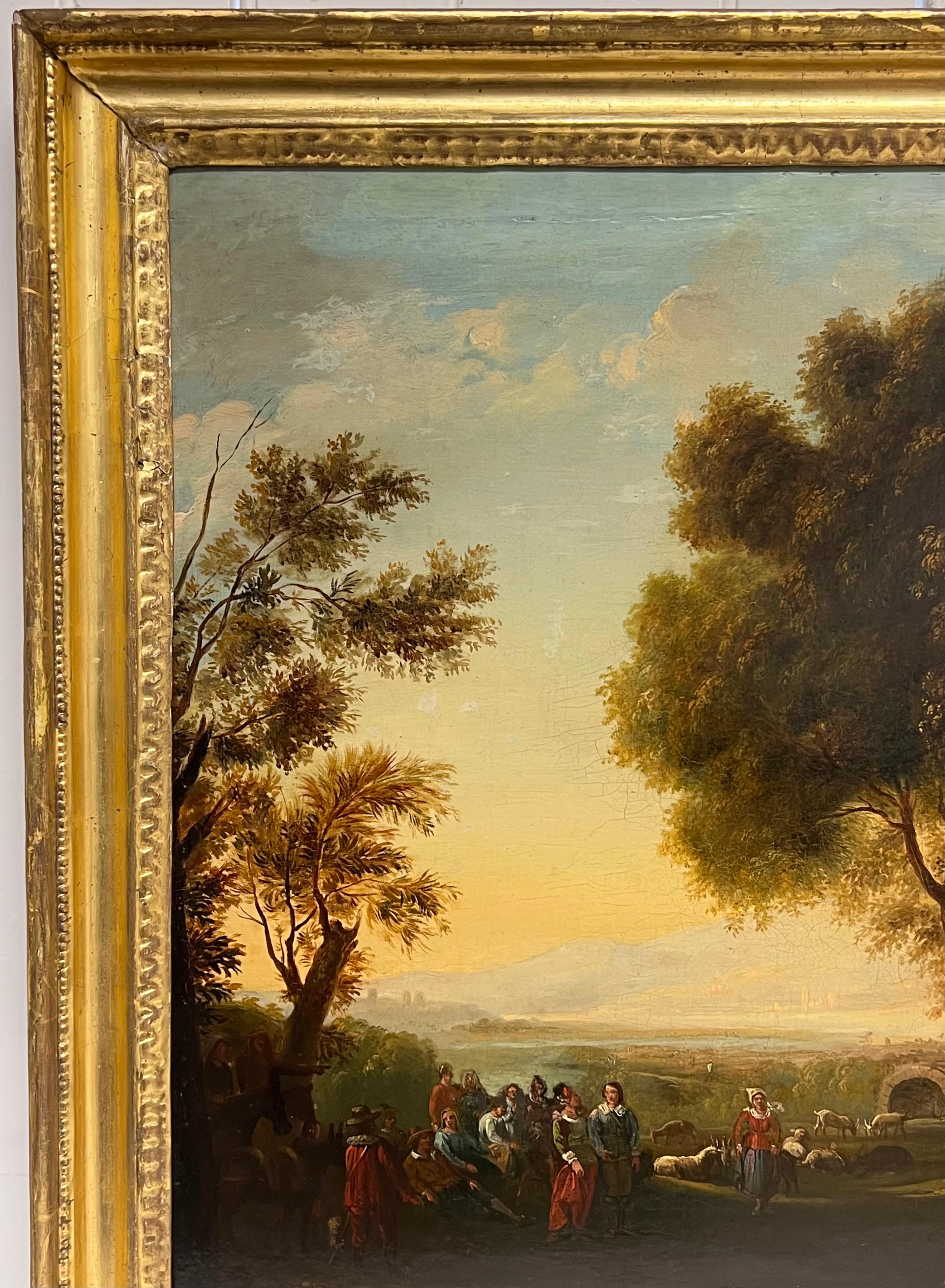 Belle huile de maître hollandaise du XVIIe siècle à l'âge d'or - Figures dans un paysage classique en vente 3