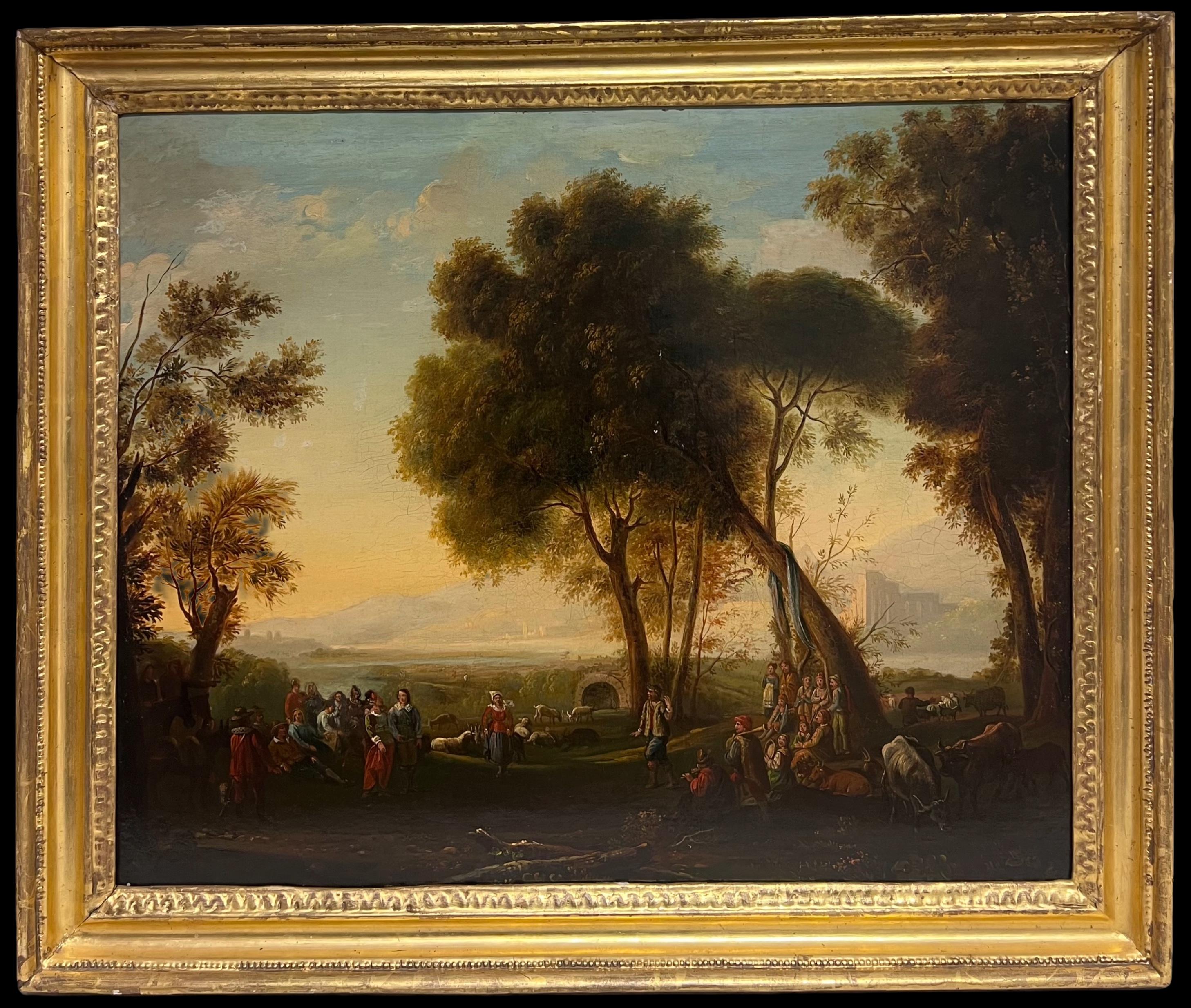 Fine 17th Century Dutch Golden Age Old Master Oil Figures in Classical Landscape