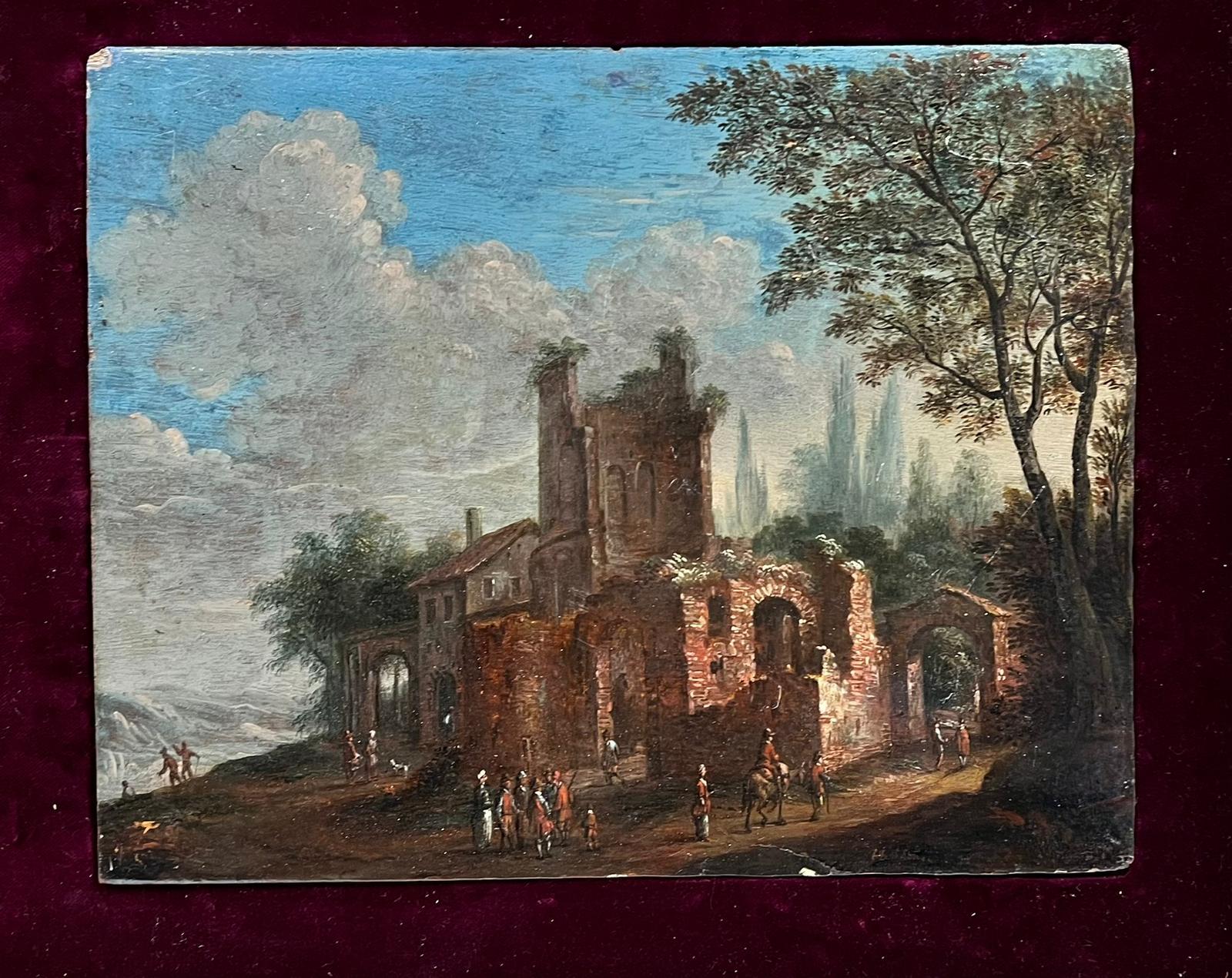 Fine 17th Century Dutch Old Master Oil Figures outside City Gates & Buildings 1