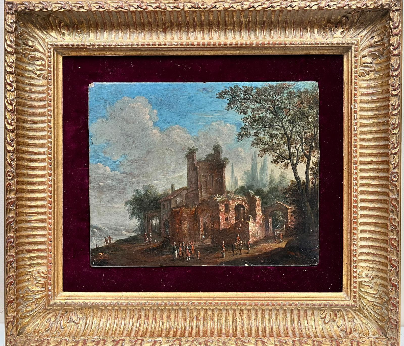Artist/ School: Dutch School, late 17th century

Title: Figures outside the City Gates

Medium: oil on board, framed

Framed: 18.5 x 21 inches
Painting: 10 x 12 inches

Provenance: private collection, France

Condition: The painting is in overall